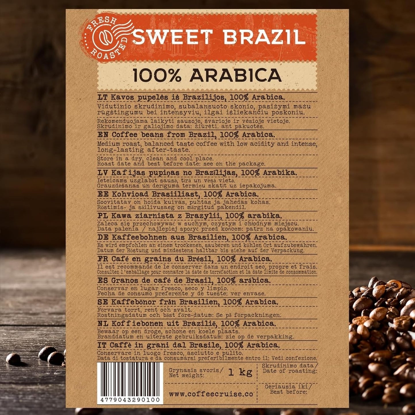KOFFIECRUISE Sweet Brazil Brasilianische Kaffeebohnen 1kg - Mittlere Röstung - Aroma Kakao en Schokolade - Für All Kaffeemaschinen - 100% Arabisch