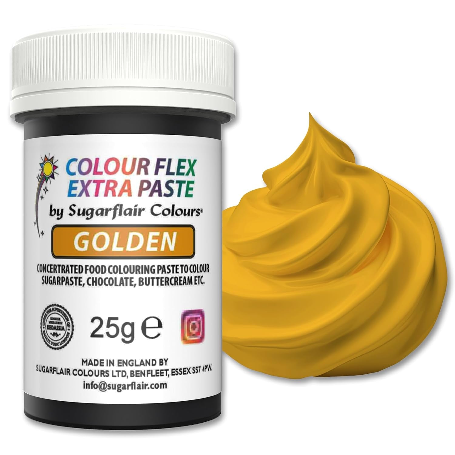 Kleurstofpasta Sugarflair Colourflex Extra Paste Golden - Eetbare kleurstof voor botercrème, chocolade, suikerpasta, glazuur, fondant, cakemixen, deeg en meer - 25g