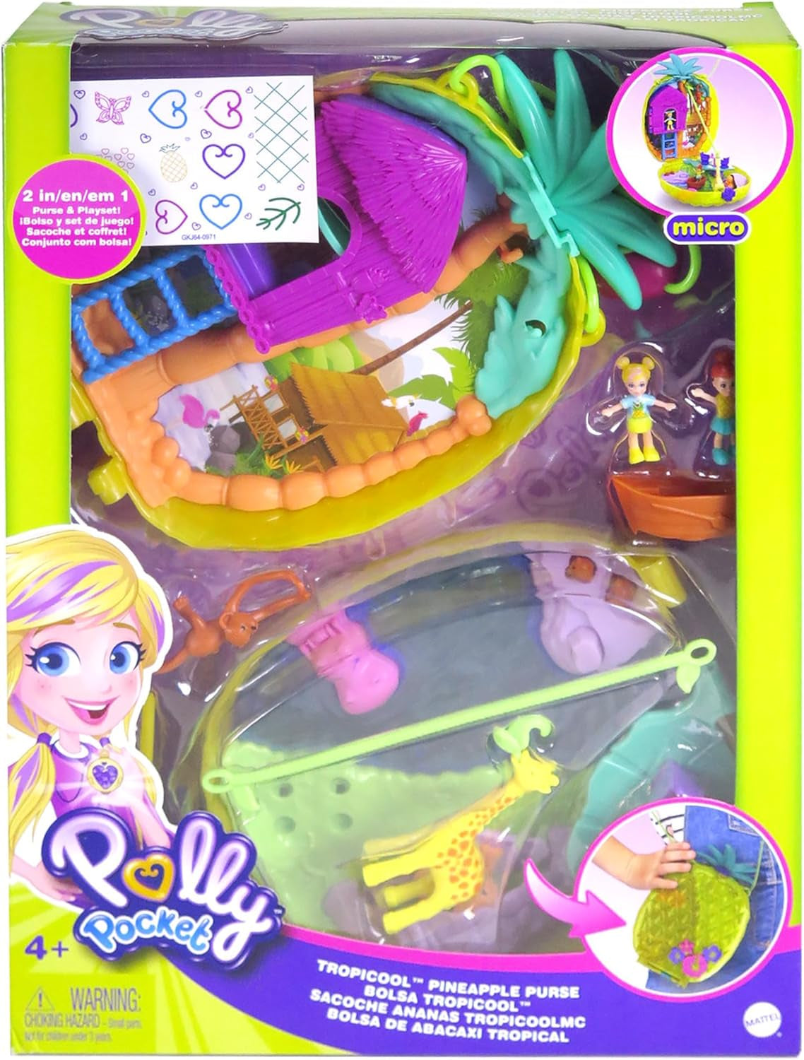 Polly Pocket GKJ64 - Draagbare Pineapple Pocket Compact met 8 leuke functies, Polly en Lila poppen, 2 accessoires en stickervel; speelgoed voor kinderen vanaf 4 jaar