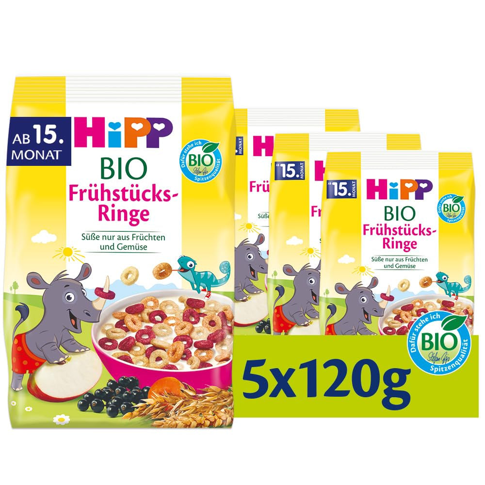 HiPP biologische ontbijtringen (5 x 120 g), muesli voor kinderen vanaf 15 maanden, alleen gezoet met groenten en fruit, van de beste biologische kwaliteit