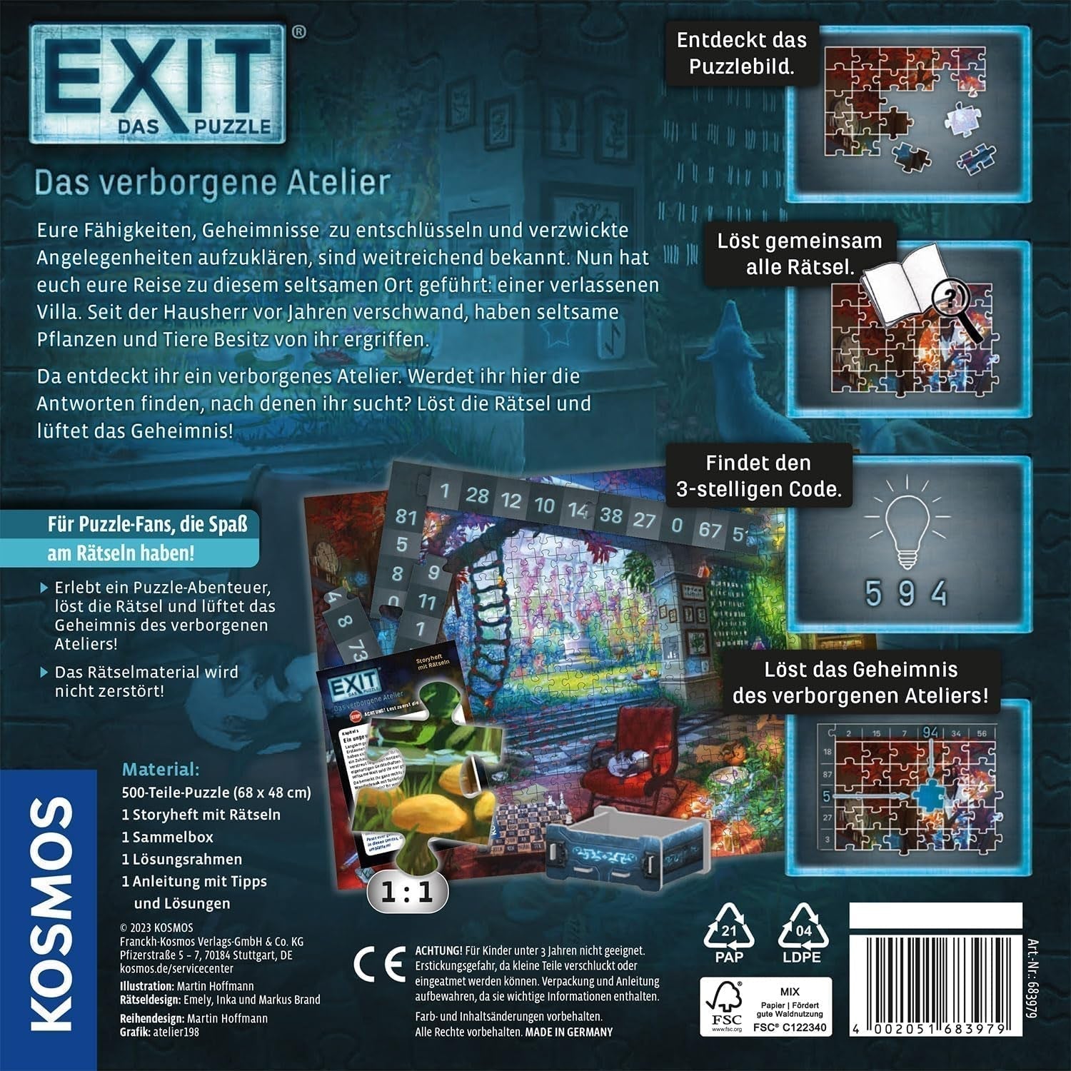 KOSMOS 683979 EXIT® puzzel: The Hidden Studio 500-delige puzzel voor volwassenen en kinderen 10+ Escape Room puzzel voor beginners Puzzel Naty Shop