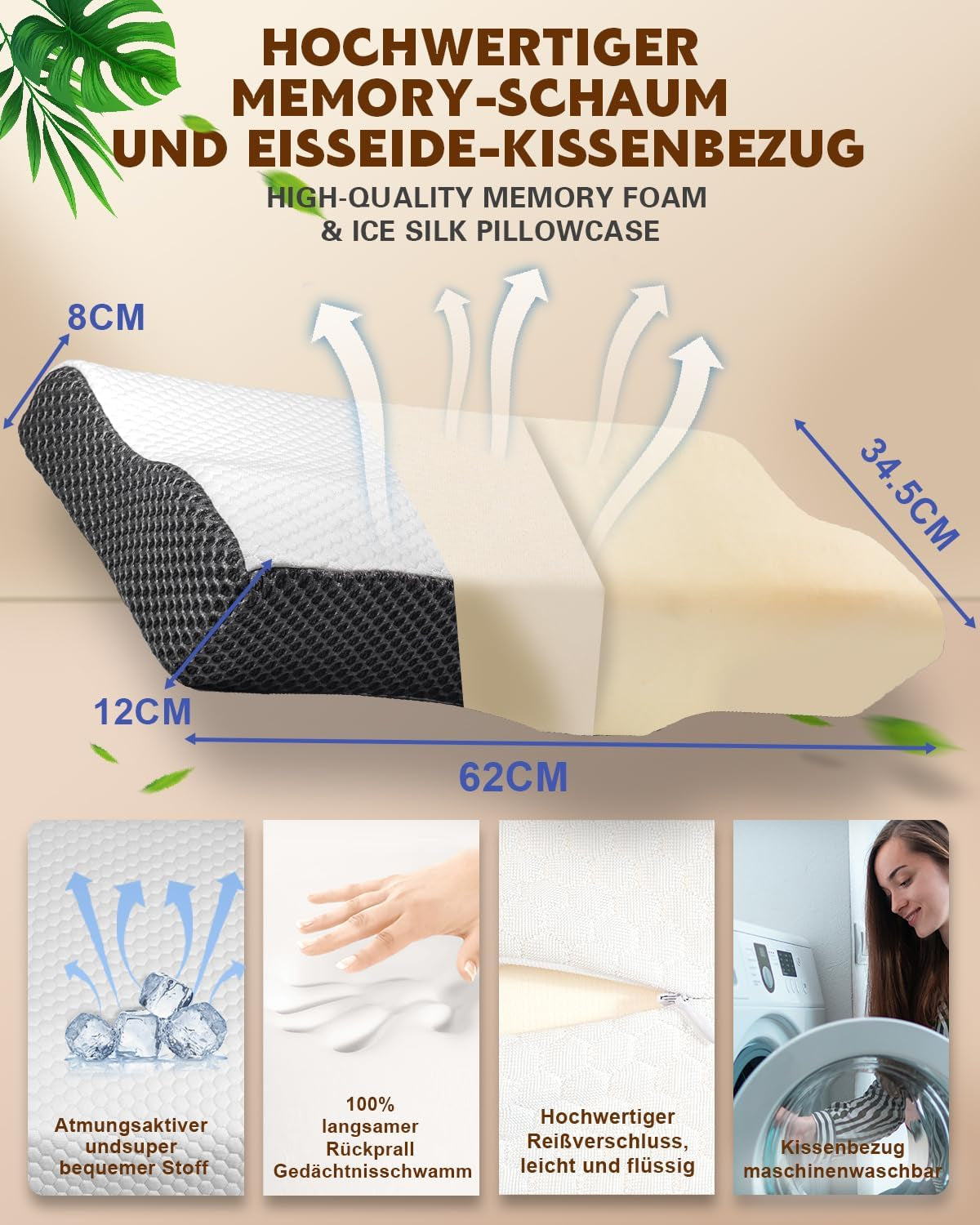 Nekpijnkussen, ergonomisch orthopedisch nekkussen, zijrug buikkussen van memory foam, anti-snurkkussen voor mannen vrouwen (62 * 34,5 * 12/8CM) Cervicale orthopedische kussens Naty Shop