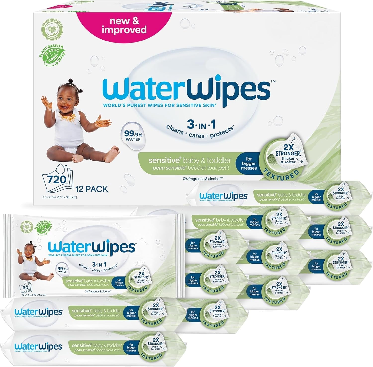WaterWipes Sensitive+ vochtige doekjes voor baby's en peuters, 720 stuks (12 stuks), 3-in-1 reiniging, verzorging, bescherming, 99,9% water, structuurreiniging, geurvrij