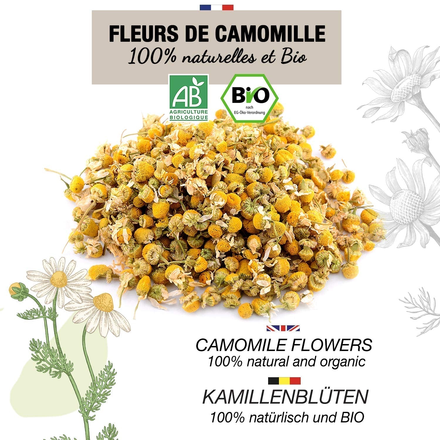 ORIGEENS Biologische Kamillebloementhee uit Europa, 100 g | Losbladige thee, biologische thee voor slaap en spijsvertering | Duitse Kamille | Gecertificeerd en verpakt in Duitsland