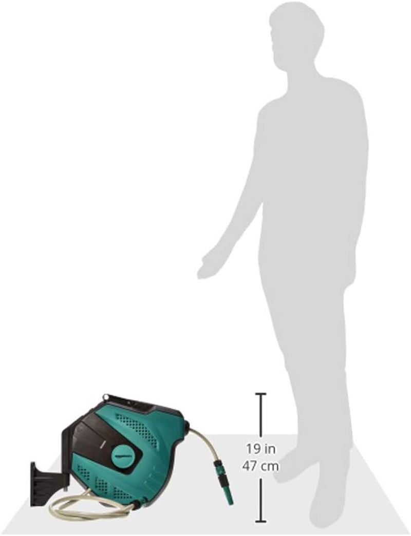 Amazon Basics wandgemonteerde slanghaspel met slang, zelfoprollend, 15 m, marinegroen, zwart