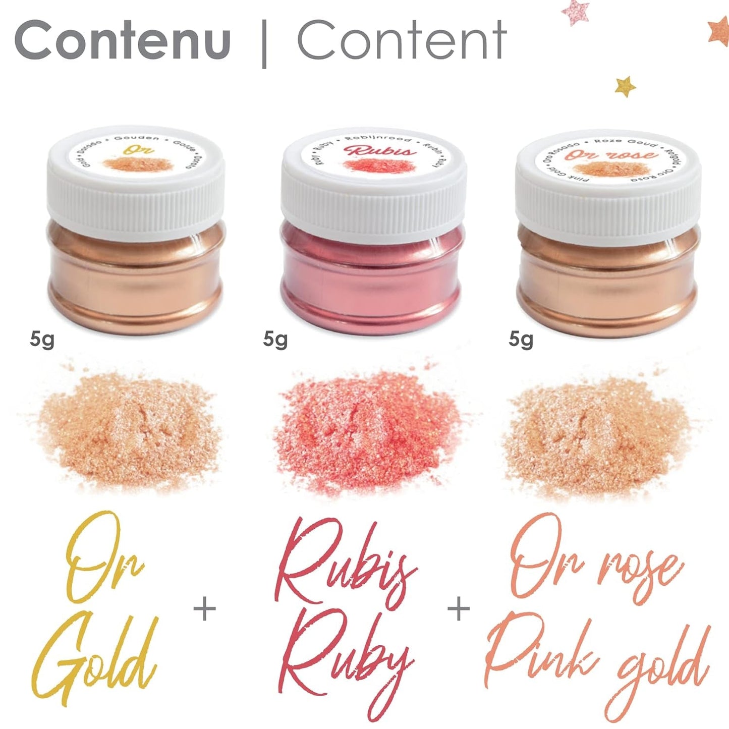 Scrapcooking - Set van 3 metalen kleurstoffen - Kleurstof: goud, rosé goud en robijn - Eetbare kleurstof voor bakken, cakes, koekjes, cakes, chocolade - 4019