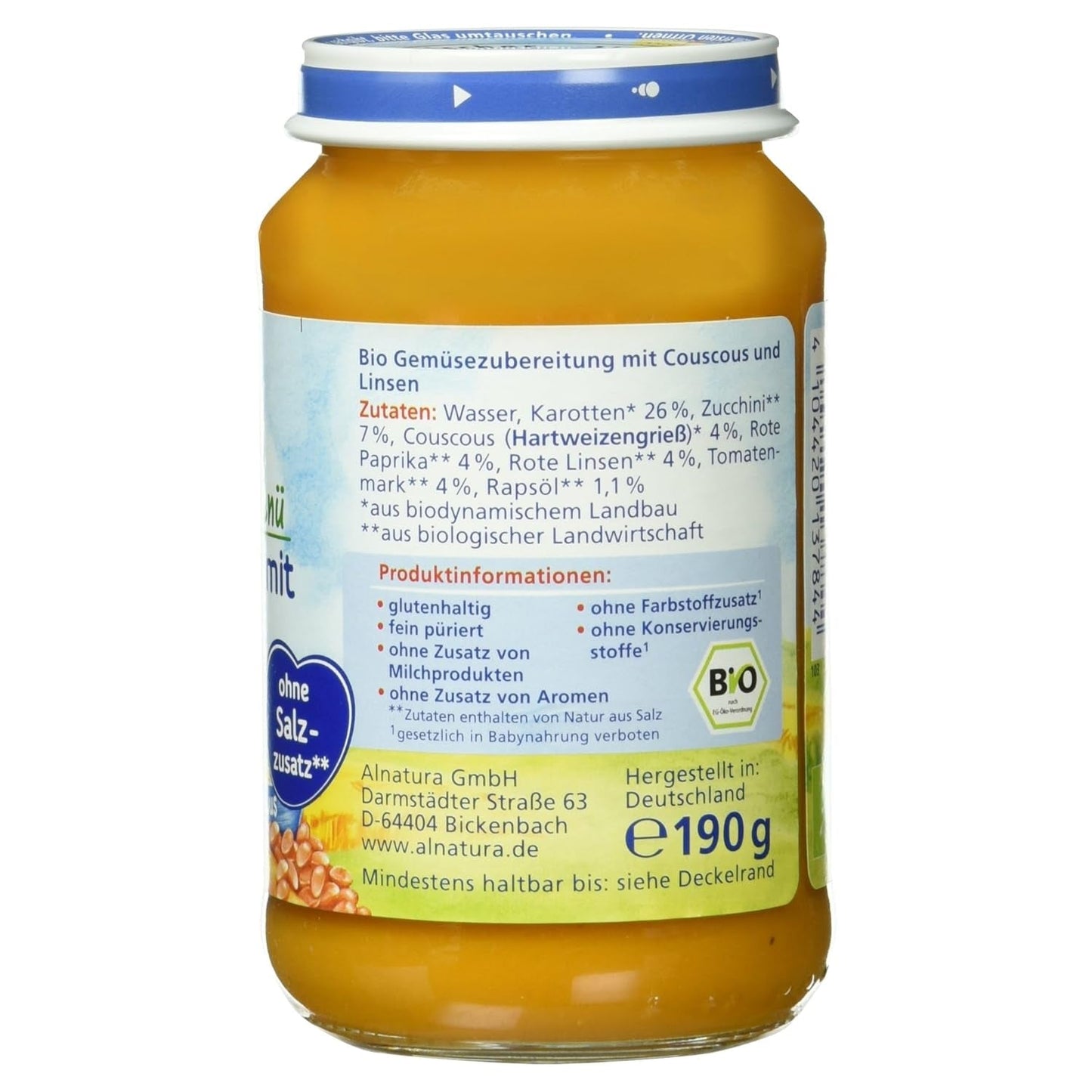 Biologische linzenstoofpot met couscous (vanaf 6 maanden), 190 g