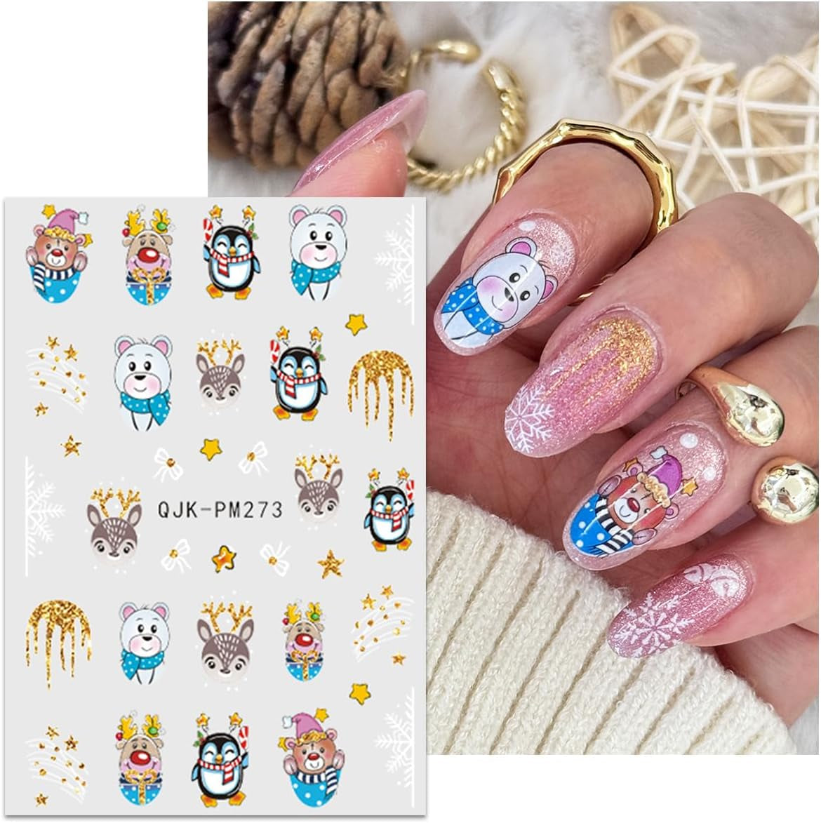 JMEOWIO Nagelsticker Weihnachten 10 Blatt Nail Art Sticker Selbstklebend Nagelaufkleber Glitter Schneeflocke Xmas Winter Urlaub Gold Decoratie Nageldesign Zubehör