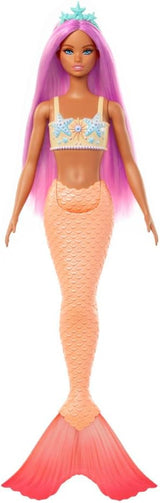 Zeemeermin-Barbiepop met prachtig roze haar en hoofdband, pop met zeesterrenhoofd en zachte oranje staartvin, HRR05