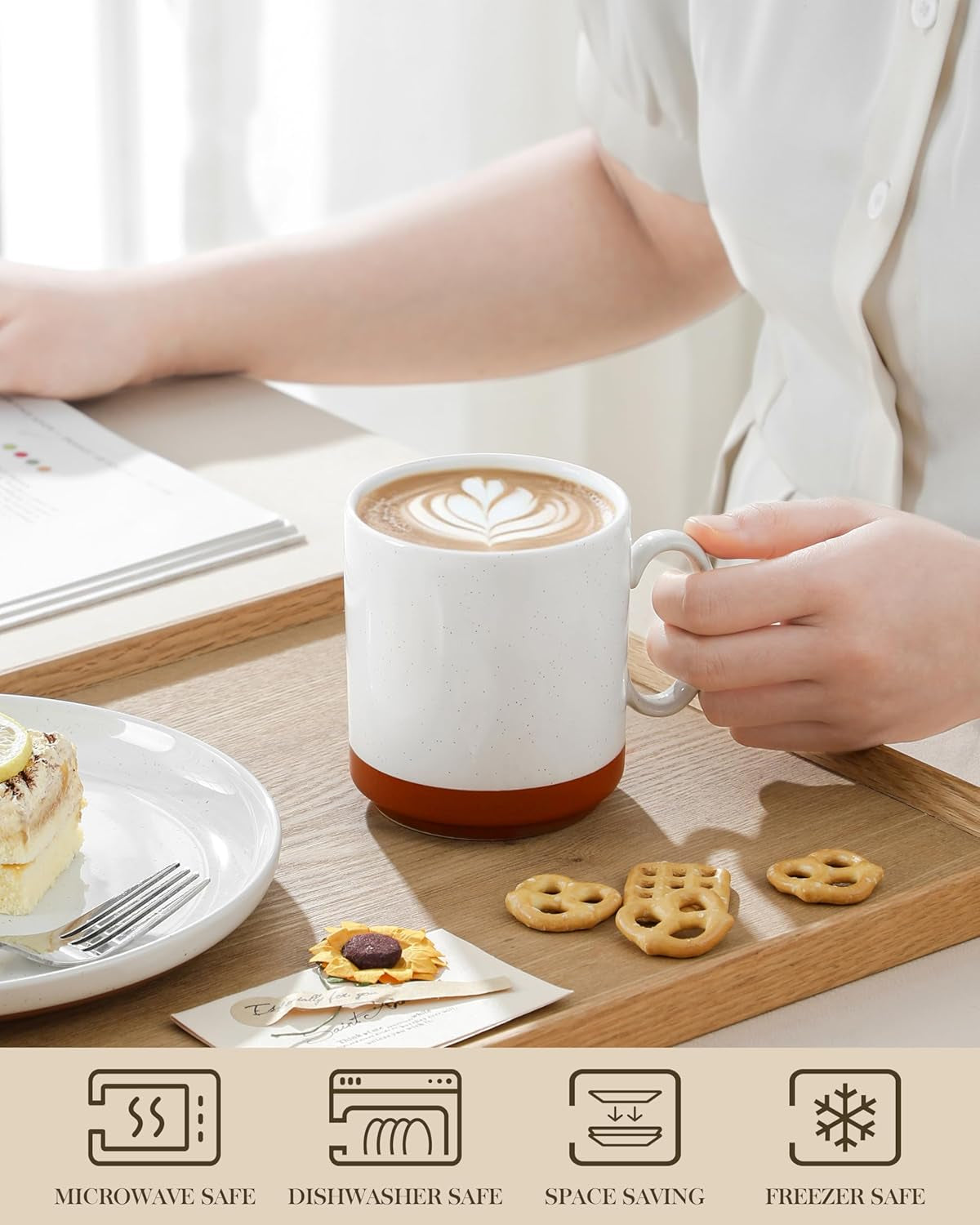 MALACASA koffiemokkenset, steengoed mokkenset van 350 ml voor 4 personen, moderne koffiemokken voor thee, sap, latte, cappuccino, warme chocolademelk. Vaatwasmachine- en magnetronbestendig, TARA serie, kaki wit