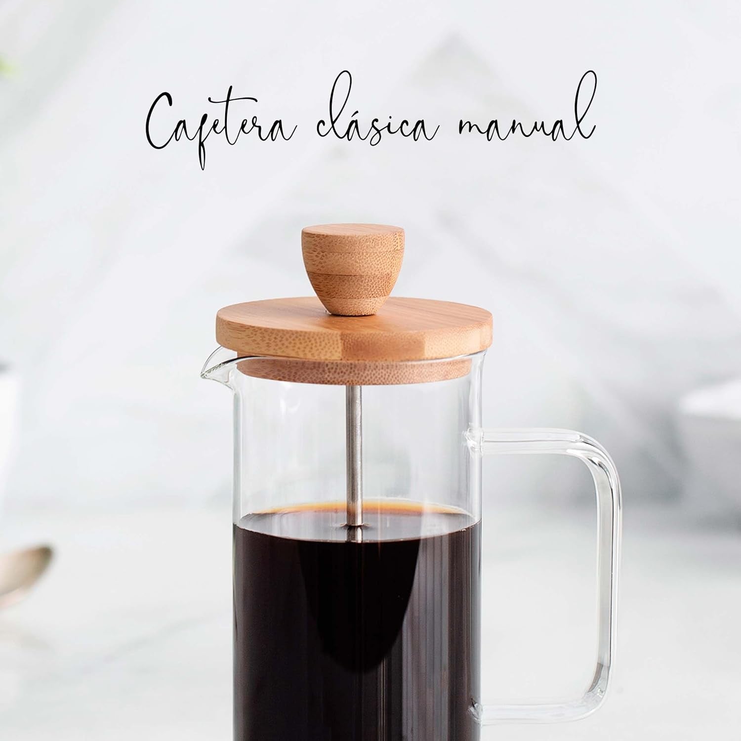 Frans koffiezetapparaat, koffiepers, plunjerkoffiezetapparaat, Franse filterkoffiepot, 3 kopjes, 0,35 l, staal en hout