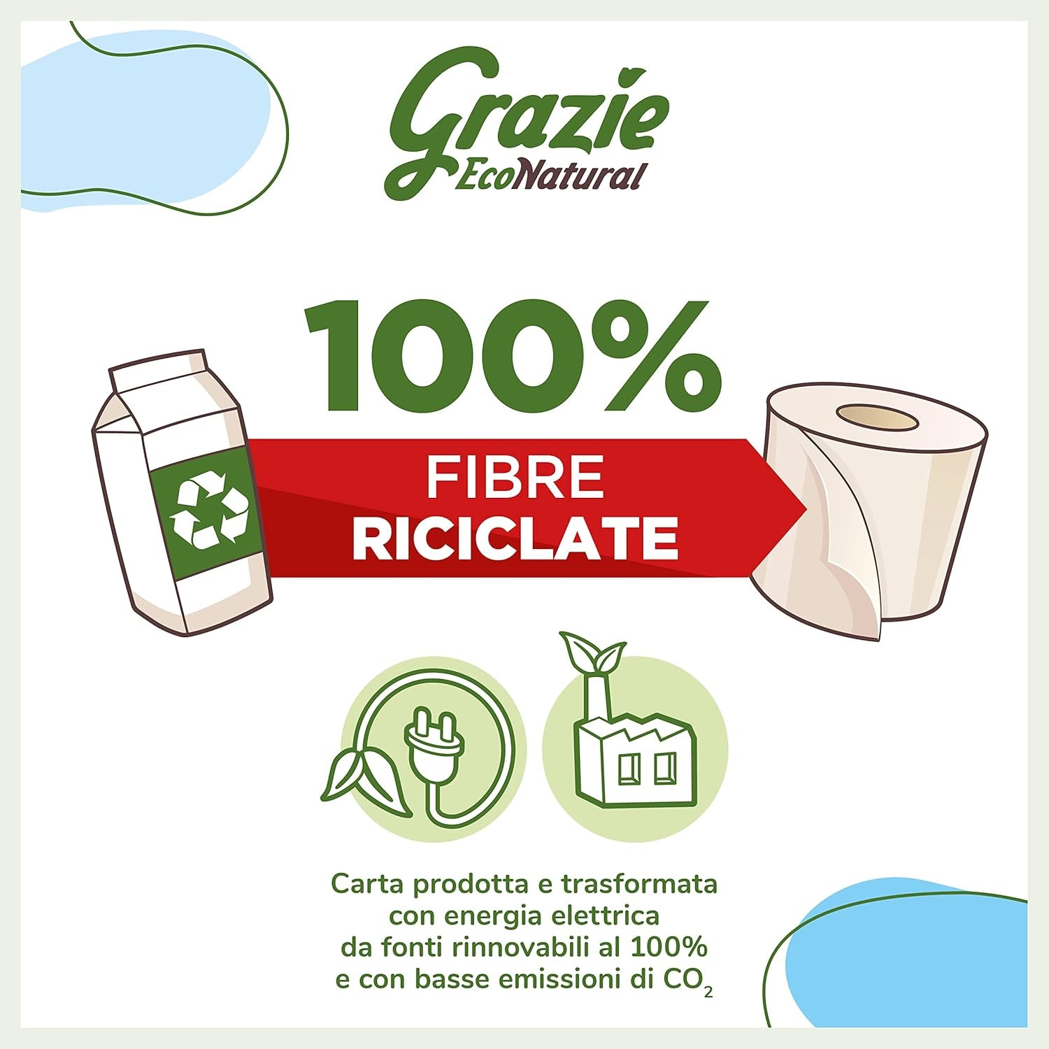 Grazie natuurlijk toiletpapier, Econatural, 56 rollen, Fibrepack gerecycleerd toiletpapier, 100% ecologisch, milieuvriendelijk, ecolabel gecertificeerd en FSC gerecycleerd, gemaakt in Italië