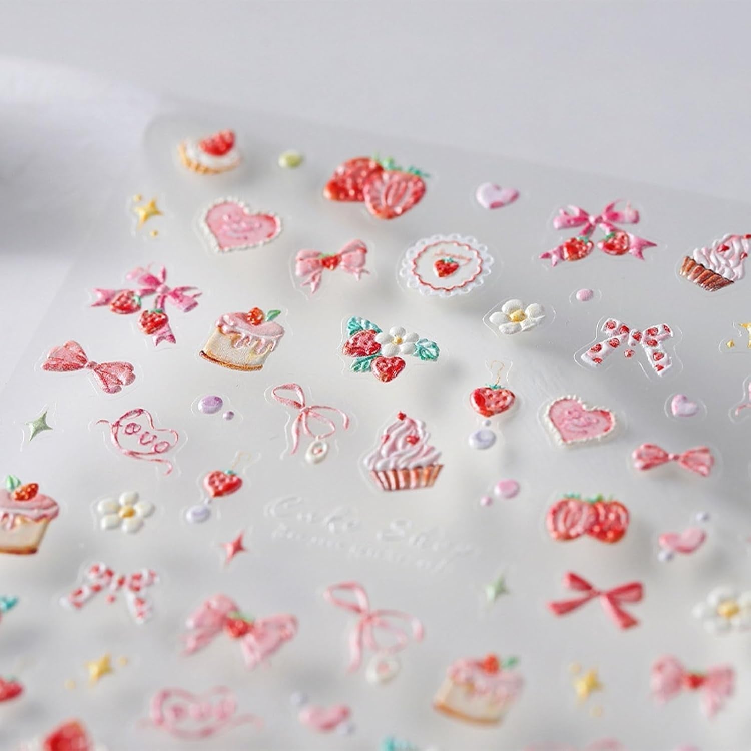 JMEOWIO 3D Nagelsticker Rosa Nail Art Sticker Selbstklebend Nagelaufkleber 5D Stereoskopisch Kuchen Erdbeerschleife Decoratie Nageldesign Zubehör 1 Blatt