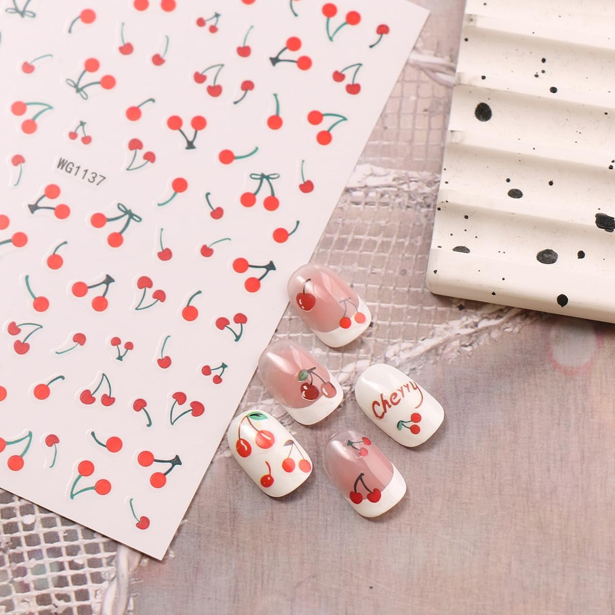 JMEOWIO Nagelsticker Kirschfrucht 6 Blatt Nail Art Sticker Selbstklebend Nagelaufkleber Decoratie Nageldesign Zubehör