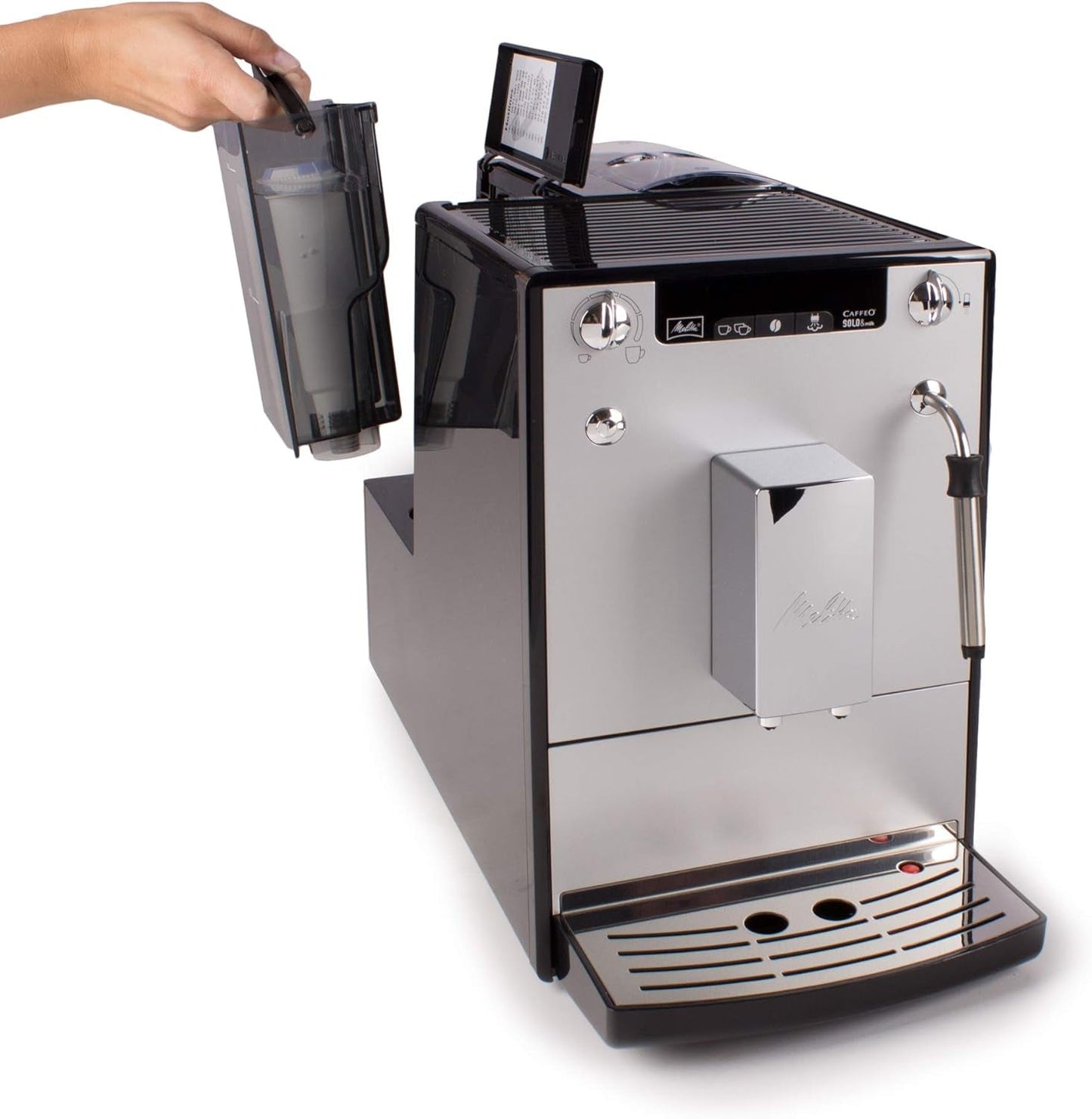 Melitta Solo & Milk - volautomatische slanke koffiemachine met melkopschuimer, koffiemachine met afneembaar waterreservoir, b.v. koffie of cappuccino, zilver