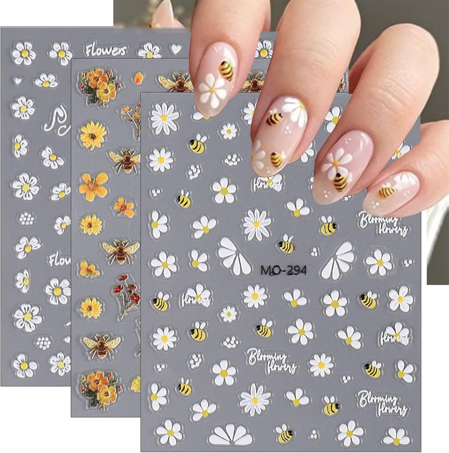 3 Stück Nagelsticker Set-Zelfklevende Nagelfolie Met Blumen- en Bienenmotifen-Nail Art Sticker Für Kreatives Nageldesign-Nageltattoos en Zubehör
