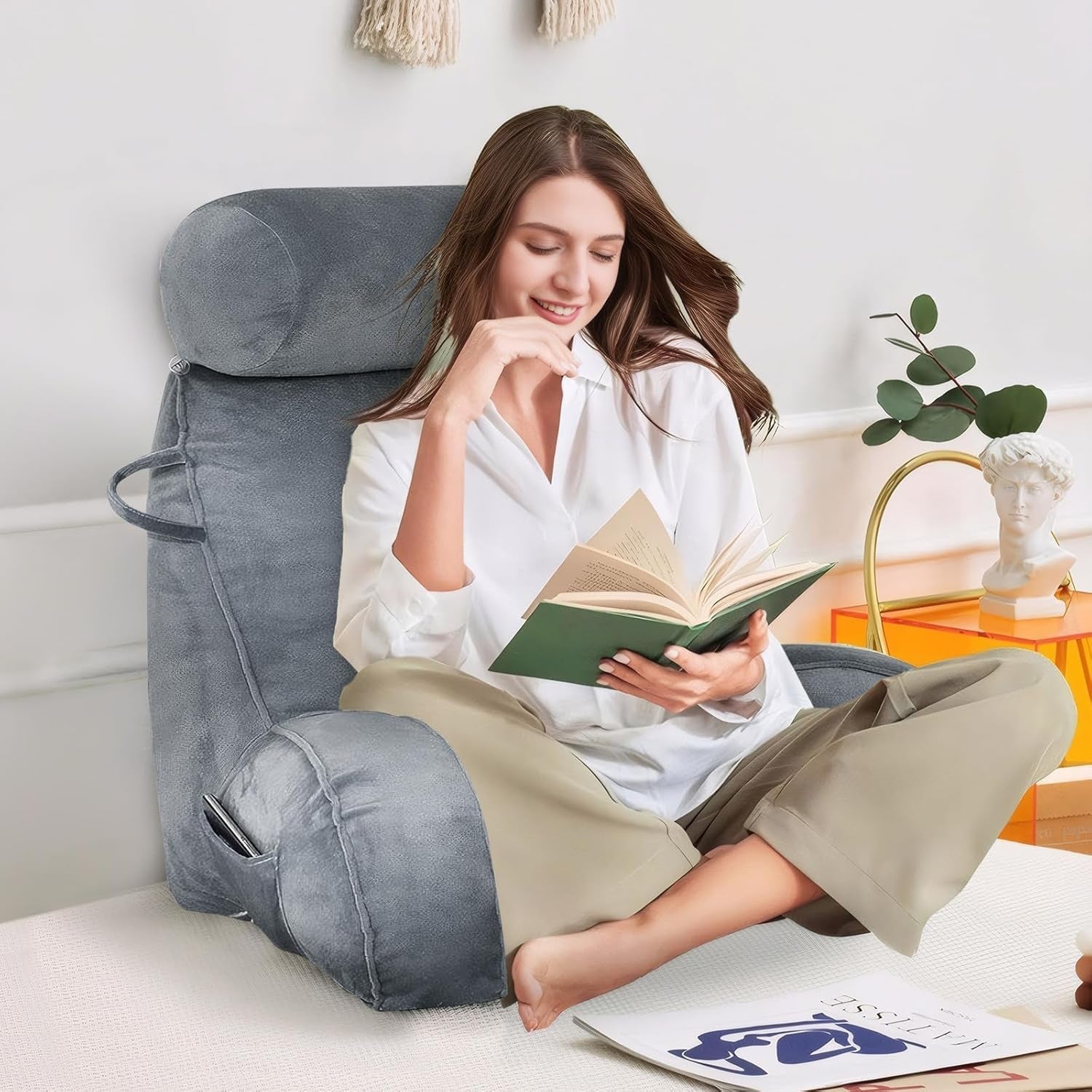 XL-leeskussen voor bed en bank met afneembare nekrol, ideaal rugkussen voor volwassenen met traagschuim voor comfortabel lezen, werken, spelen, tv kijken, ontspannen (grijs)