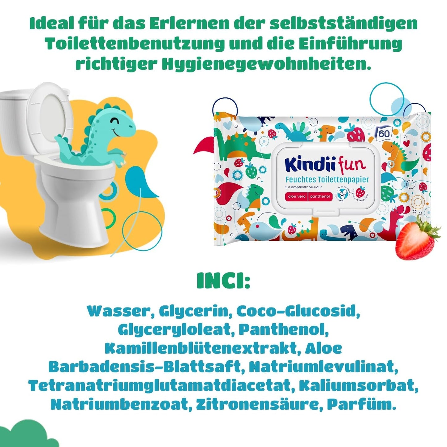 Kindii Fun Nat Toiletpapier - (10X60 stuks) Nat Toiletpapier - Kamille, Aloë Vera, Ph-neutraal, Watervast, Verfrist de intieme zone - 600 stuks