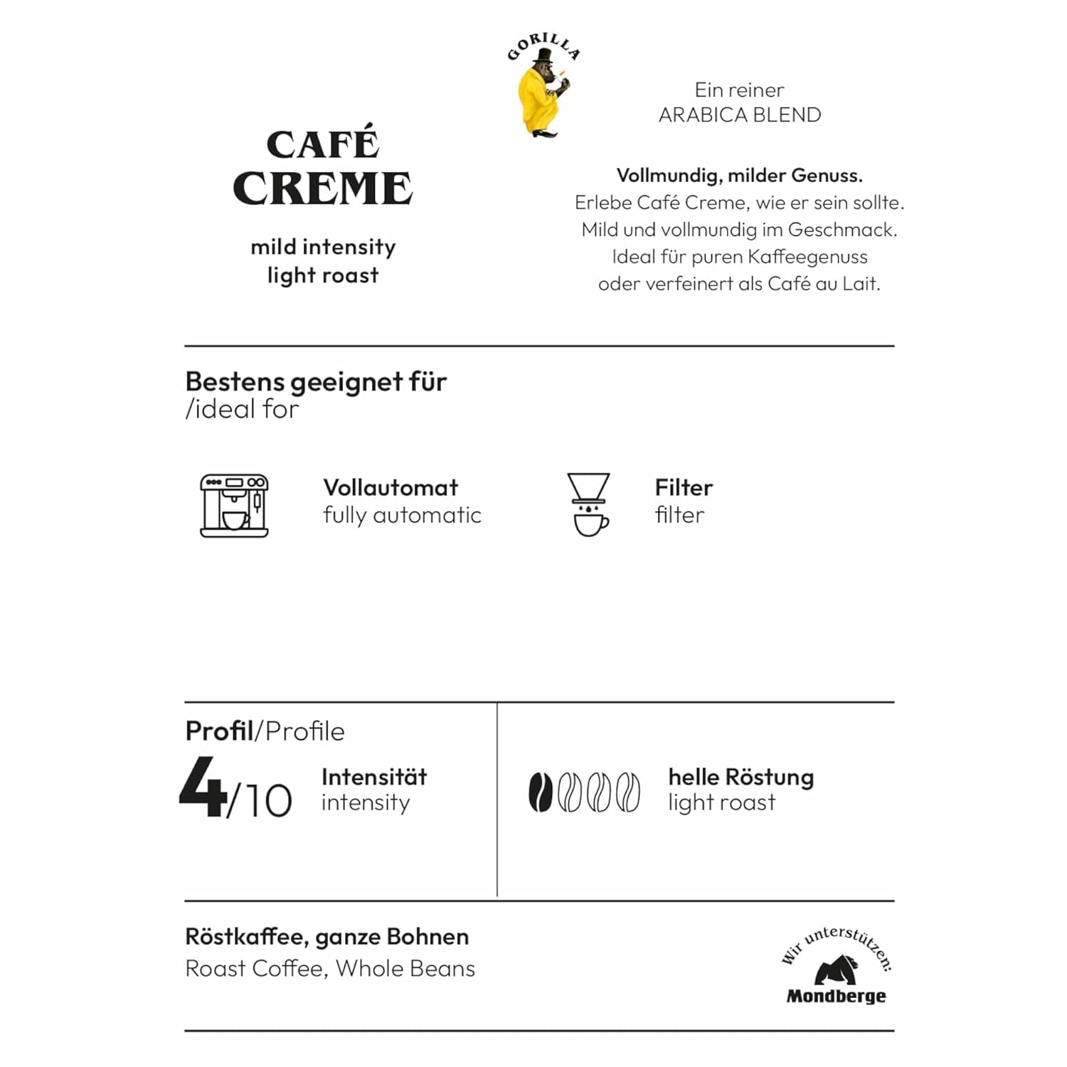Gorilla Café Creme 6x 1000g | 100% traditionele Arabica-Bohnen | Ideal Volllautomaten Crema harmonisches Aroma | geriger Koffeingehalt helle Röstung | Vorratspackung