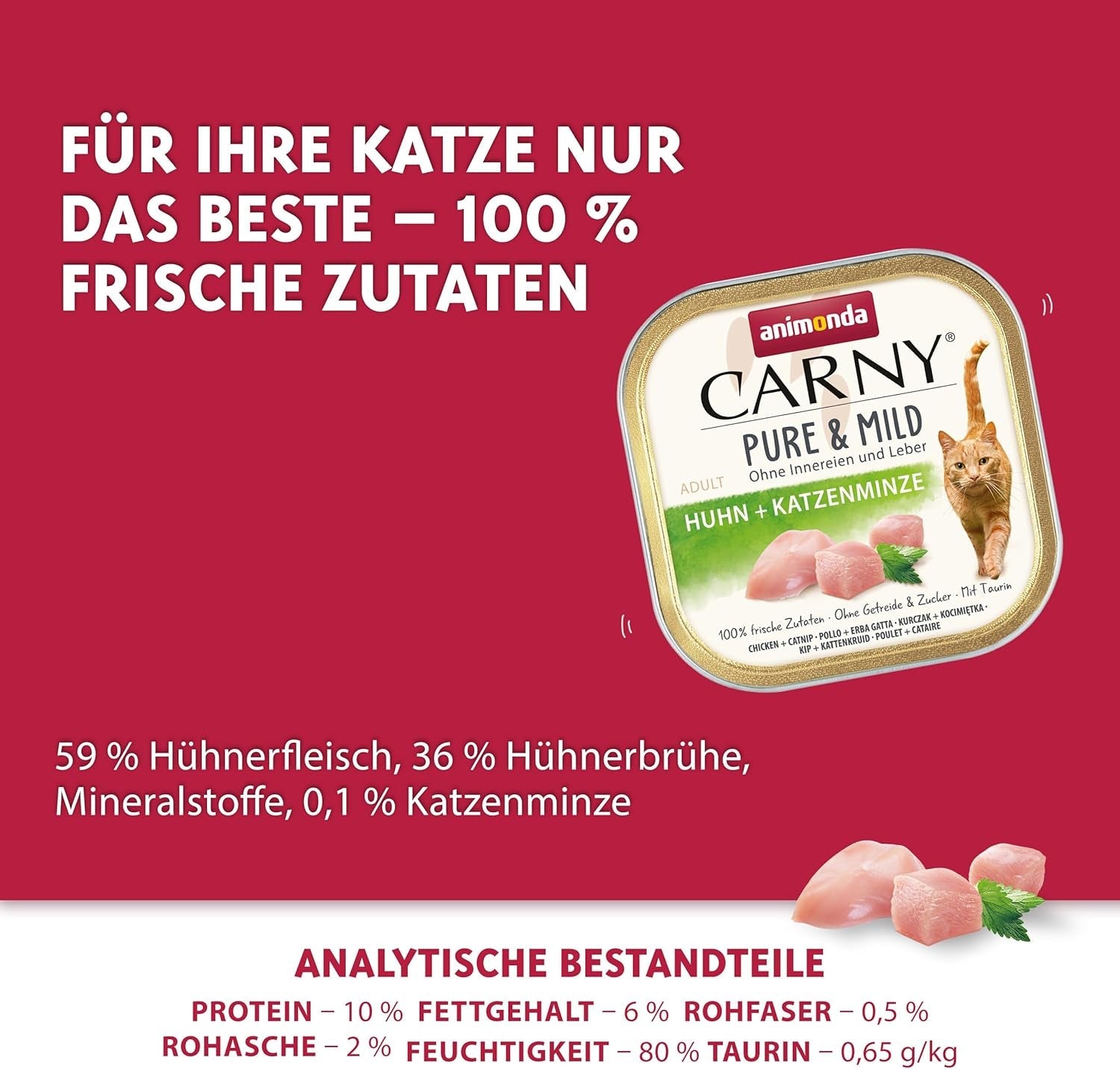 Adult Pure & Mild kattennatvoer met kip en kattenkruid (32 x 100 g), voor gevoelige katten, graan- en suikervrij, licht verteerbaar natvoer met kip
