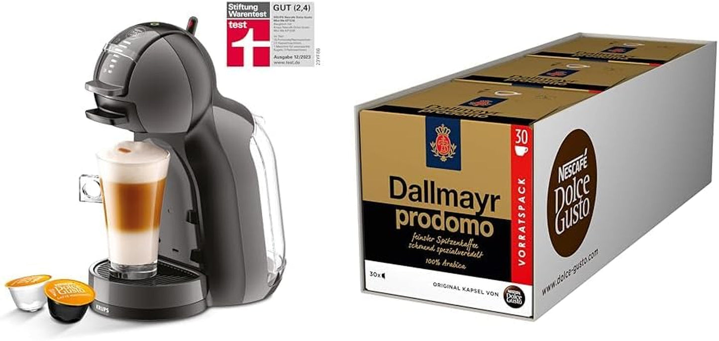NESCAFÉ DOLCE GUSTO Krups KP1238 Mini Me koffiecapsulemachine, 15 bar, compact, hogedrukkoffiezetapparaat, meer dan 30 koffiecreaties, keuze uit drankgrootte, zwart/antraciet met Dallmayr Prodomo
