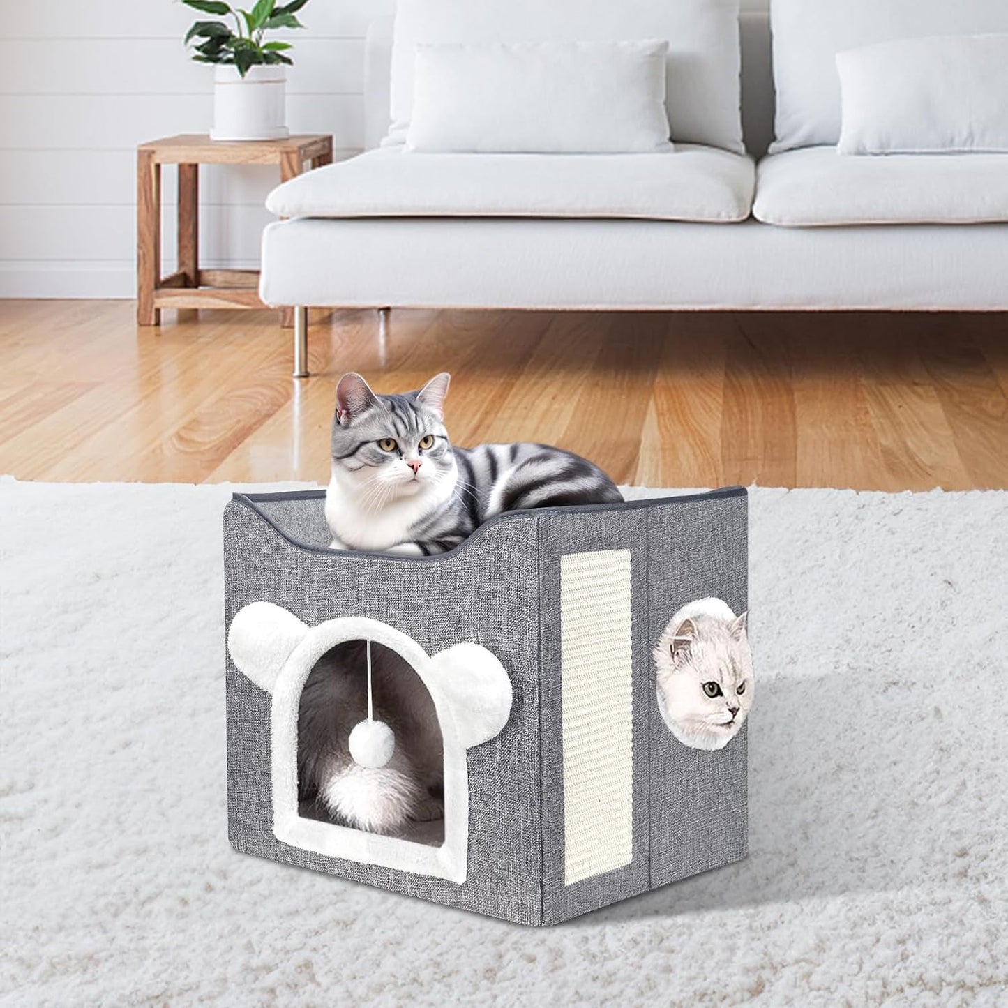 Katzenbetten voor Indoor Katzen, Faltbares Katzenhaus, Katzenhöhle 2 Schicht Würfel Großer Raum Katzenbett met Kratzbrett en Spielball, 15,8 x 15,8 x 15 inch