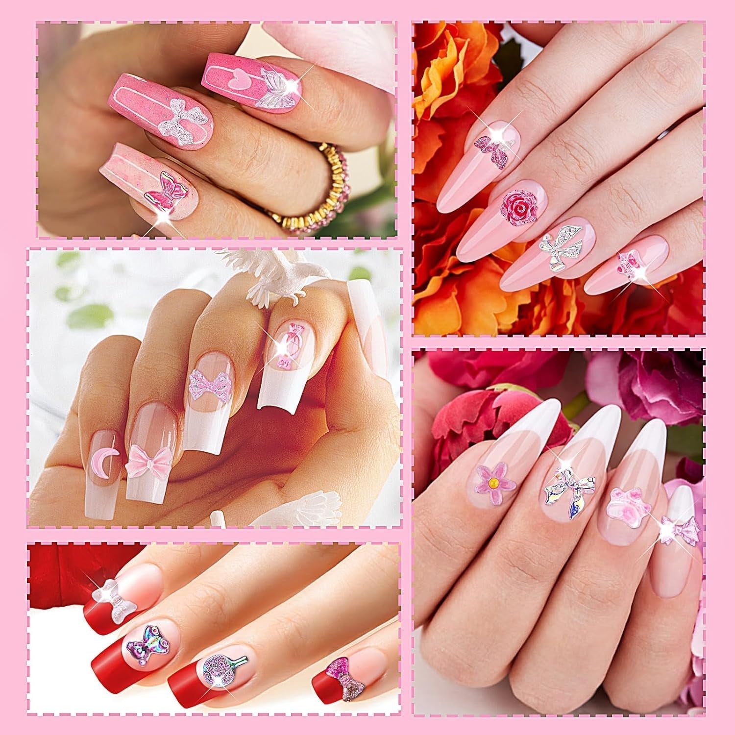 200 Stuks Nail Art Charms 3D Nail Art Decoratieset Strik Nagelhanger Roze Gemengde Stijl Strik Bloem Teddybeer Lolly Hartvorm Nail Art Decoratie DIY Ambachtelijke Nageldesign