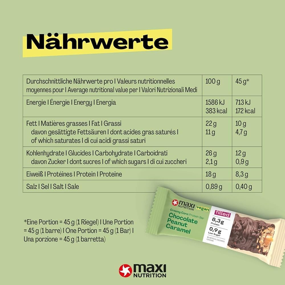 MaxiNutrition Romige veganistische eiwitreep met chocolade, pinda's en karamel 12x45g - veganistische eiwitreep, 18% eiwit, 8,3 g per reep, laag suikergehalte (0,9 g), geen toegevoegde suiker, geen kunstmatige smaakstoffen