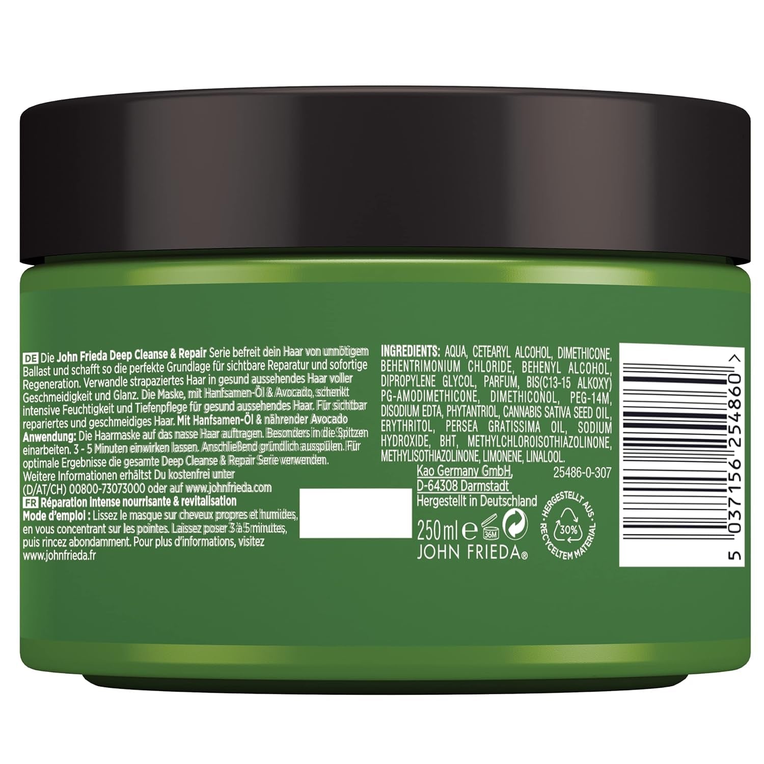 John Frieda - Deep Cleanse & Repair Mask/treatment - Inhoud: 250 ml - Met hennepzaadolie + voedende avocado - Kalmerend haarmasker voor beschadigd haar Naty Shop haarmasker