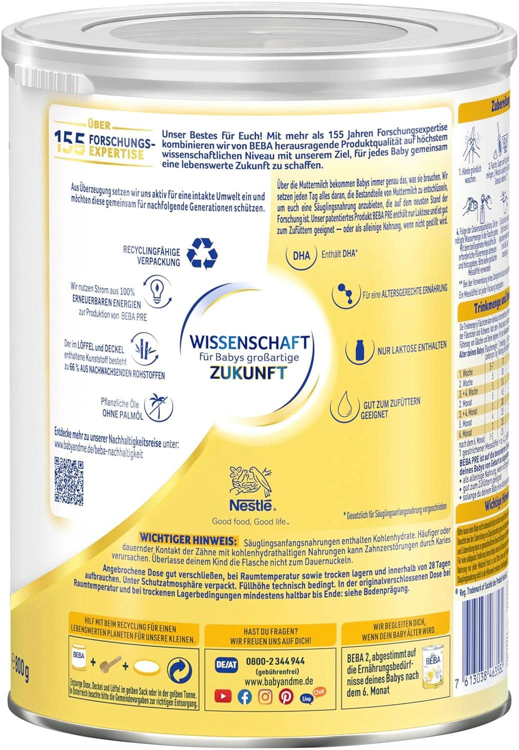 BEBA PRE Eerste melk vanaf de geboorte, babyvoeding met DHA, alleen lactose, geen palmolie, pakket 3 (3 x 800 g) Naty Shop