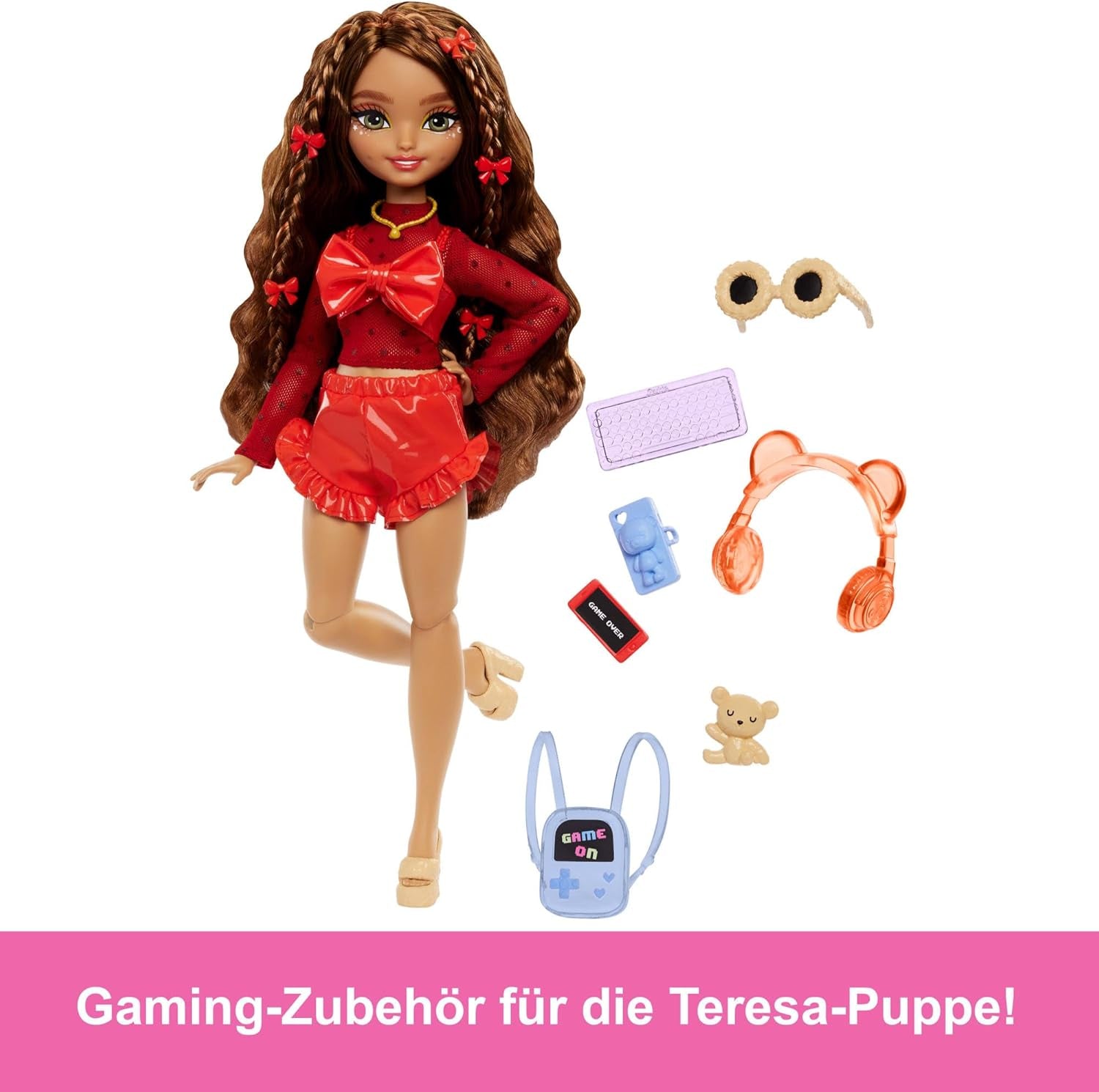 Barbie Dream Besties-pop en accessoires, beweegbare Teresa-modepop met bruin haar en haarclips, 10-delig videogamethema, HYC23 Naty Shop-poppen