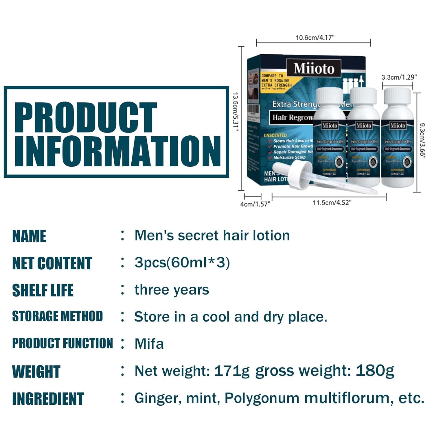 Miioto Haargroeiserum Haargroeiproduct voor mannen Haargroei Haarserum Hoofdhuidverzorging Dikker haar bevorderen Hoofdhuid voeden Haaruitval voorkomen 3*60ML Haarverzorging Naty Shop