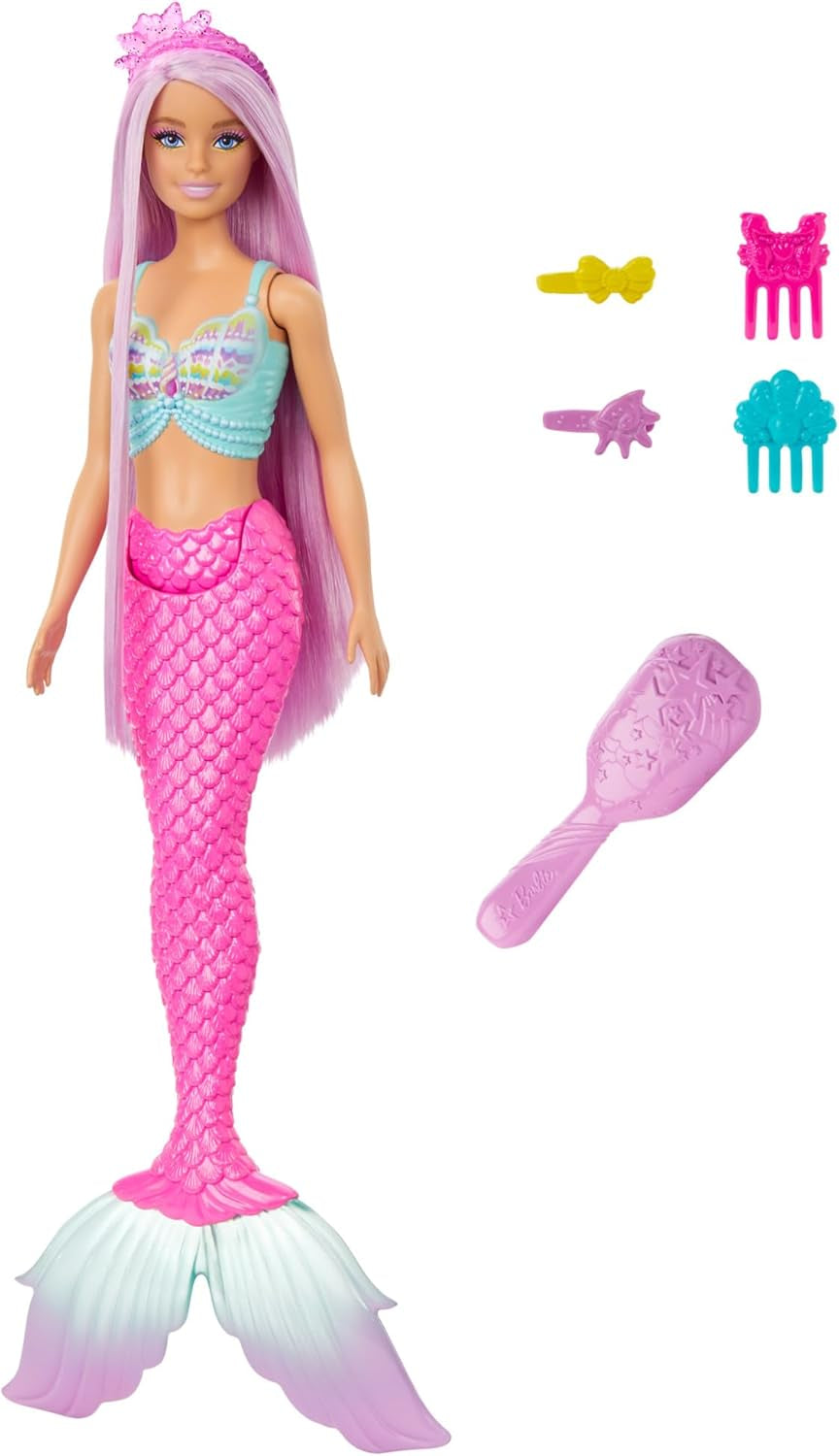 Barbie Zeemeerminpop - met lang roze haar en aangepaste stylingaccessoires, waaronder borstel, mooie schelp en roze vinnen, voor kinderen vanaf 3 jaar, HRR00 Naty Shop Dolls Standaardtitel