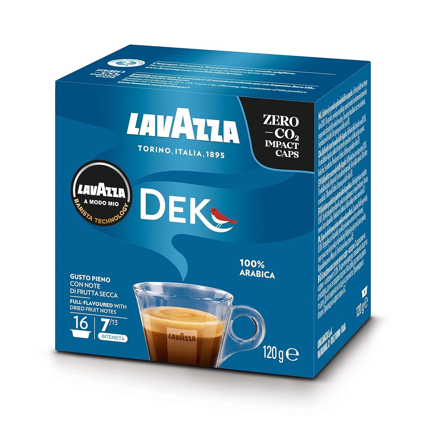 Lavazza A Modo Mio Dek Cremoso, 256 koffiecapsules, voor cafeïnevrije espresso met aromatische tonen van amandelen en canditis, 100% Arabica, intensiteit 7/13, medium gebrand, 16 pakjes