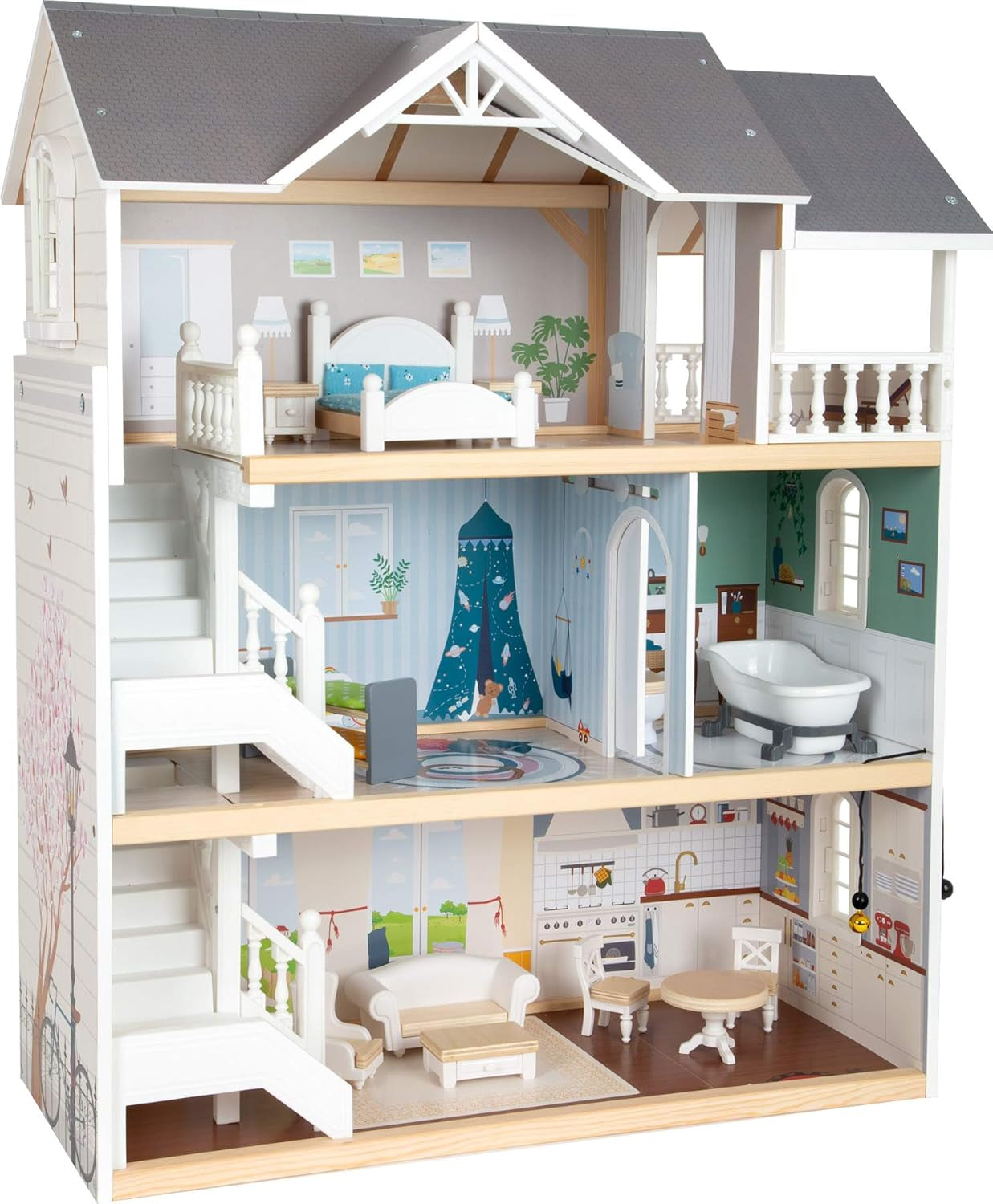 Small Foot poppenhuis 3 verdiepingen open houten herenhuis met 12 meubels voor 3 jaar en ouder 11802 Witgrijze poppenhuizen Naty Shop Town House