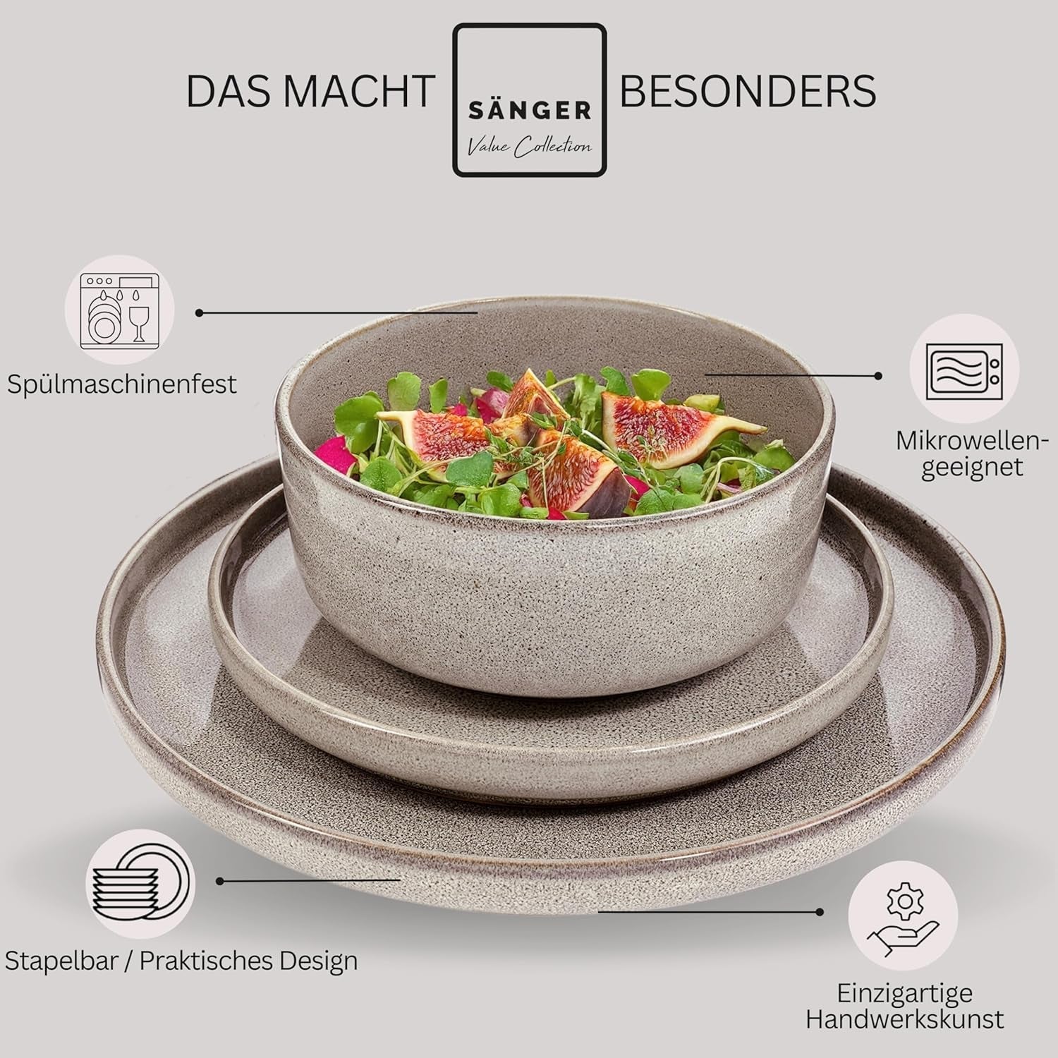 SÄNGER Caïro Klei | 24-delige serviesset, aardewerk serviesset voor 6 personen, 6 borden, 6 dessertborden, 6 pastakommen, 6 serveerschalen, grijze serviesset | DE WAARDE-COLLECTIE