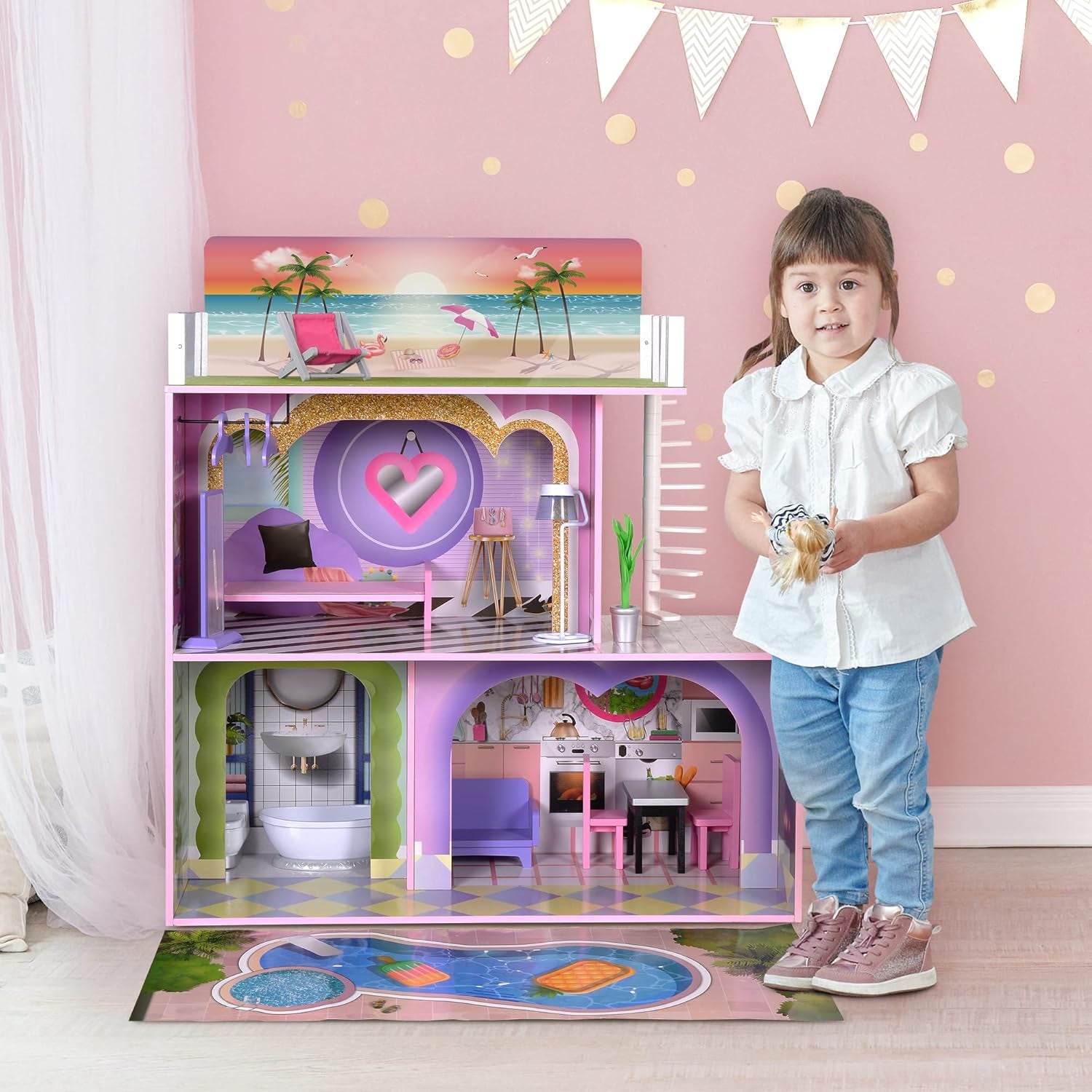 Olivia's Little World Big Dreamland Sunset Eigentijds interactief houten poppenhuis voor kinderen 3 verdiepingen met 16 poppenmeubelaccessoires Multi TD-13616A Poppenhuizen Naty Shop
