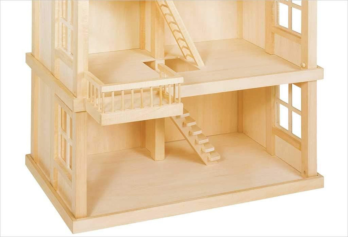 51957 Houten poppenhuis, 65 x 35 x 87,5 cm - Groot houten poppenhuis, 3 verdiepingen, open ontwerp, rood dak, trappen en balkon voor creatief rollenspel, poppenhuisspeelwereld
