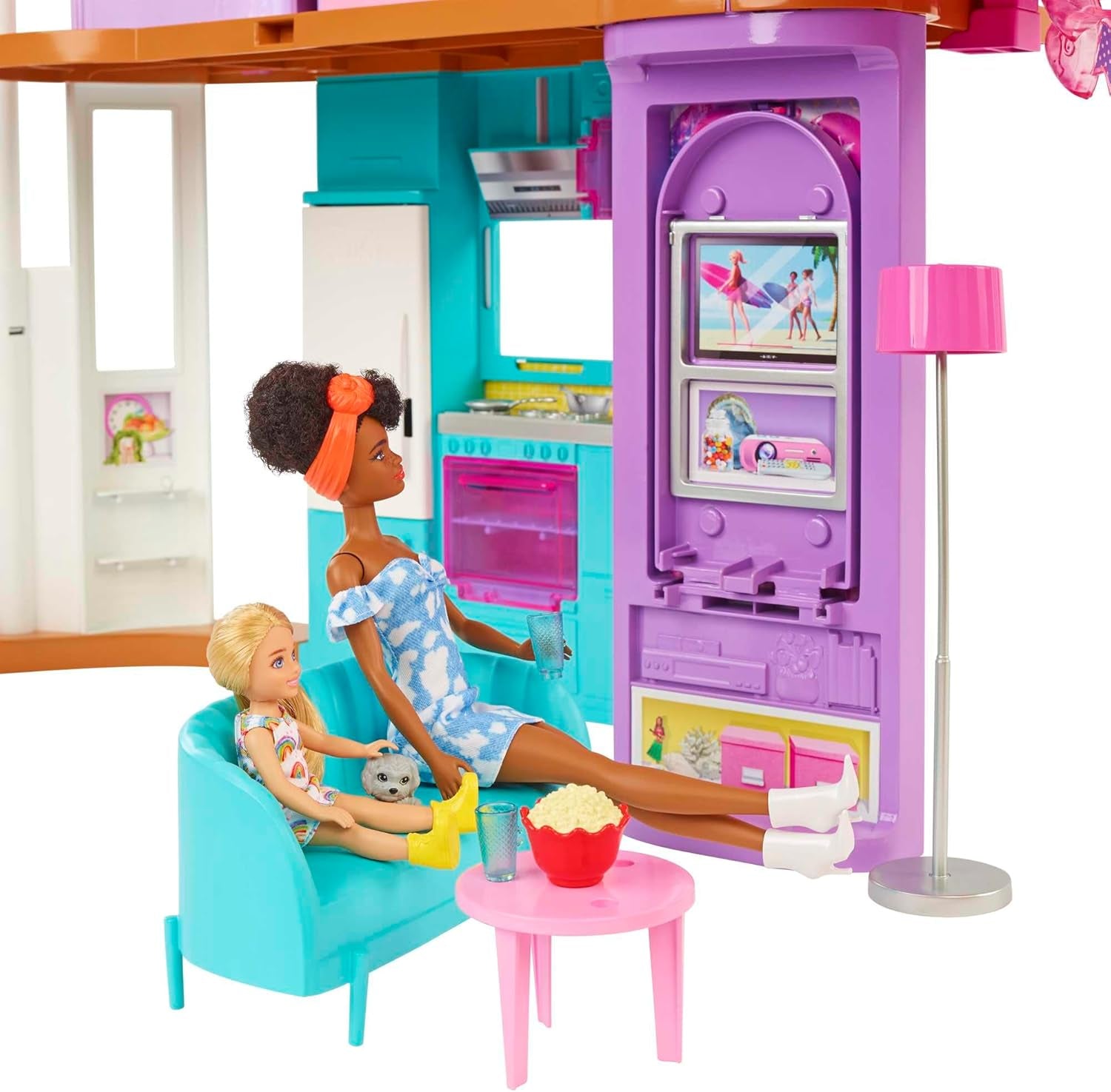 Barbie Vakantiehuis (116 x 77,9 cm), 6-zits speelhuis, volledig ingericht met accessoires, meubels en lift, opvouwbaar en opbergruimte, pop, cadeau voor kinderen vanaf 3 jaar, HCD50