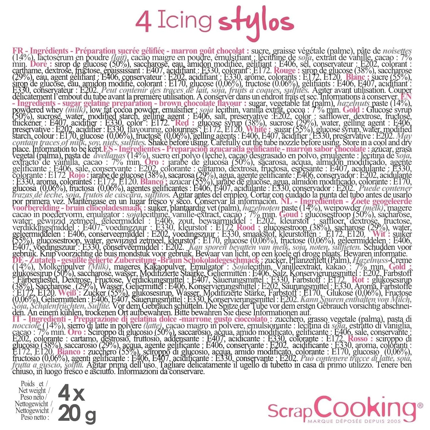 Scrapcooking - 4 stuks markers: goud, chocolade, wit en rood - decoratieve eetbare stiften voor het schrijven en tekenen op desserts, taarten en koekjes