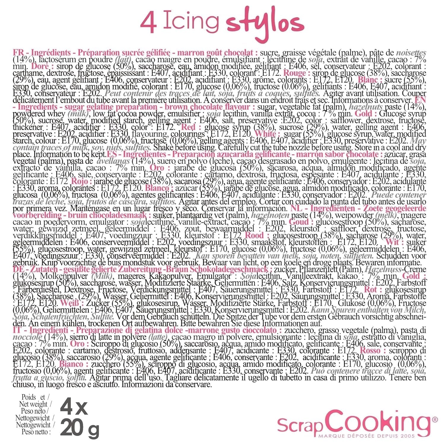 Scrapcooking - 4 stuks markers: goud, chocolade, wit en rood - decoratieve eetbare stiften voor het schrijven en tekenen op desserts, taarten en koekjes