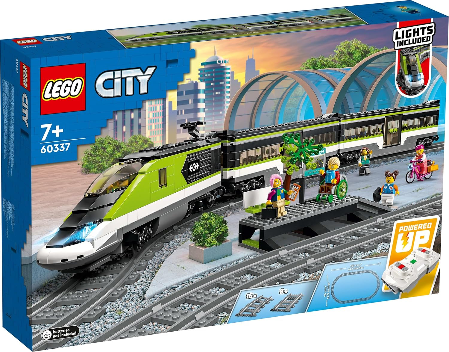 LEGO City Passagierssneltrein, treinset met afstandsbediening, spoorwegspeelgoed met koplampen, 2 rijtuigen en 24 baanelementen, cadeau voor kinderen, jongens en meisjes 60337 Bouwsets Besuche in LEGO-Store