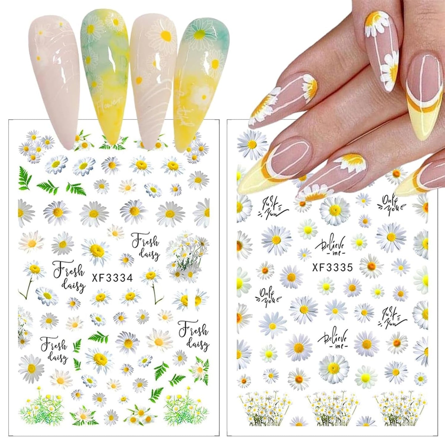 12 vellen nagelsticker met 3D-effect UV-uitharding langdurige bloem nagelstickers gele witte margriet nagelkunststickers
