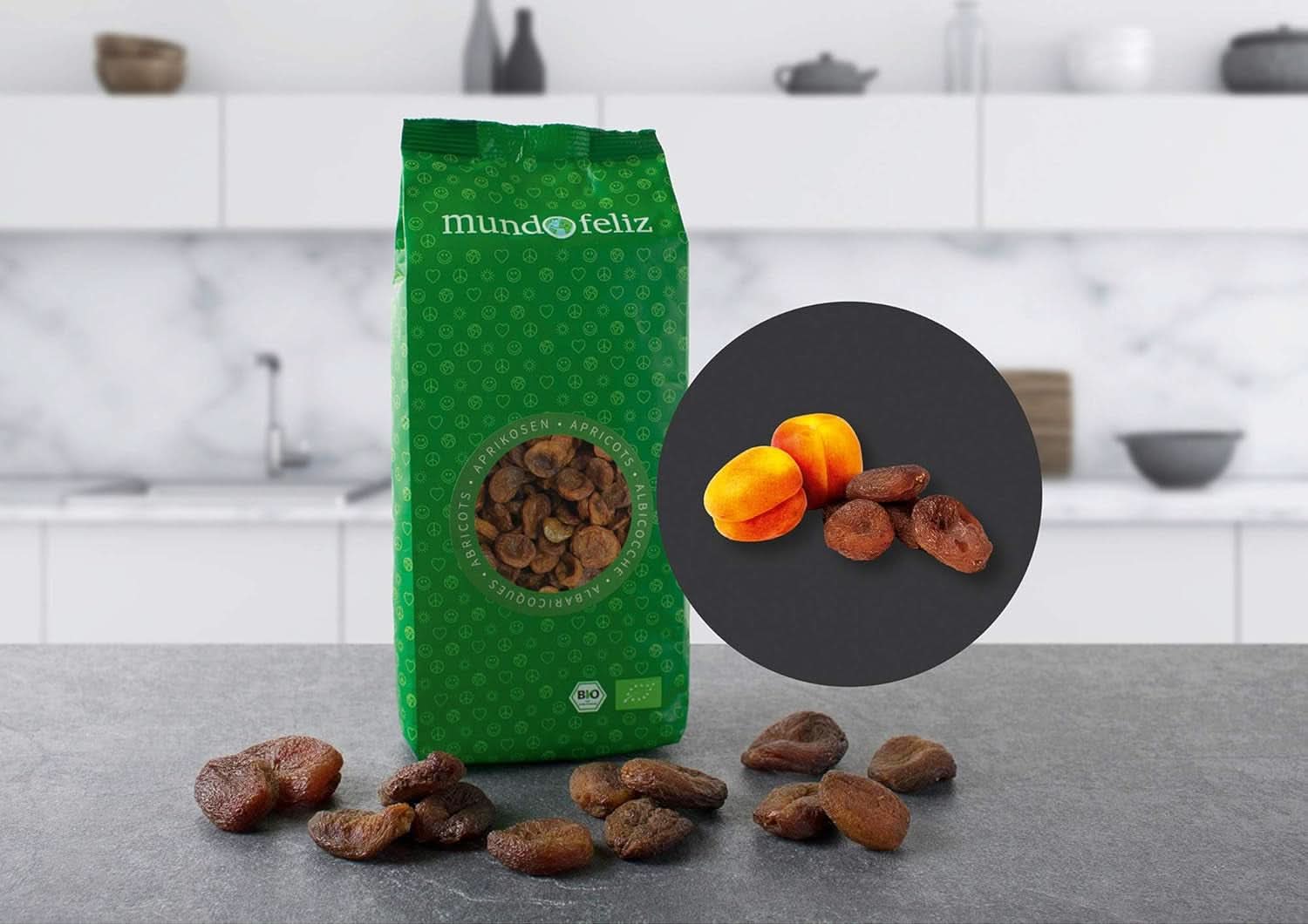 Mundo Feliz, Gedroogde abrikozen met pit uit biologische landbouw, 2 x 500 gram Gedroogde producten Naty Shop