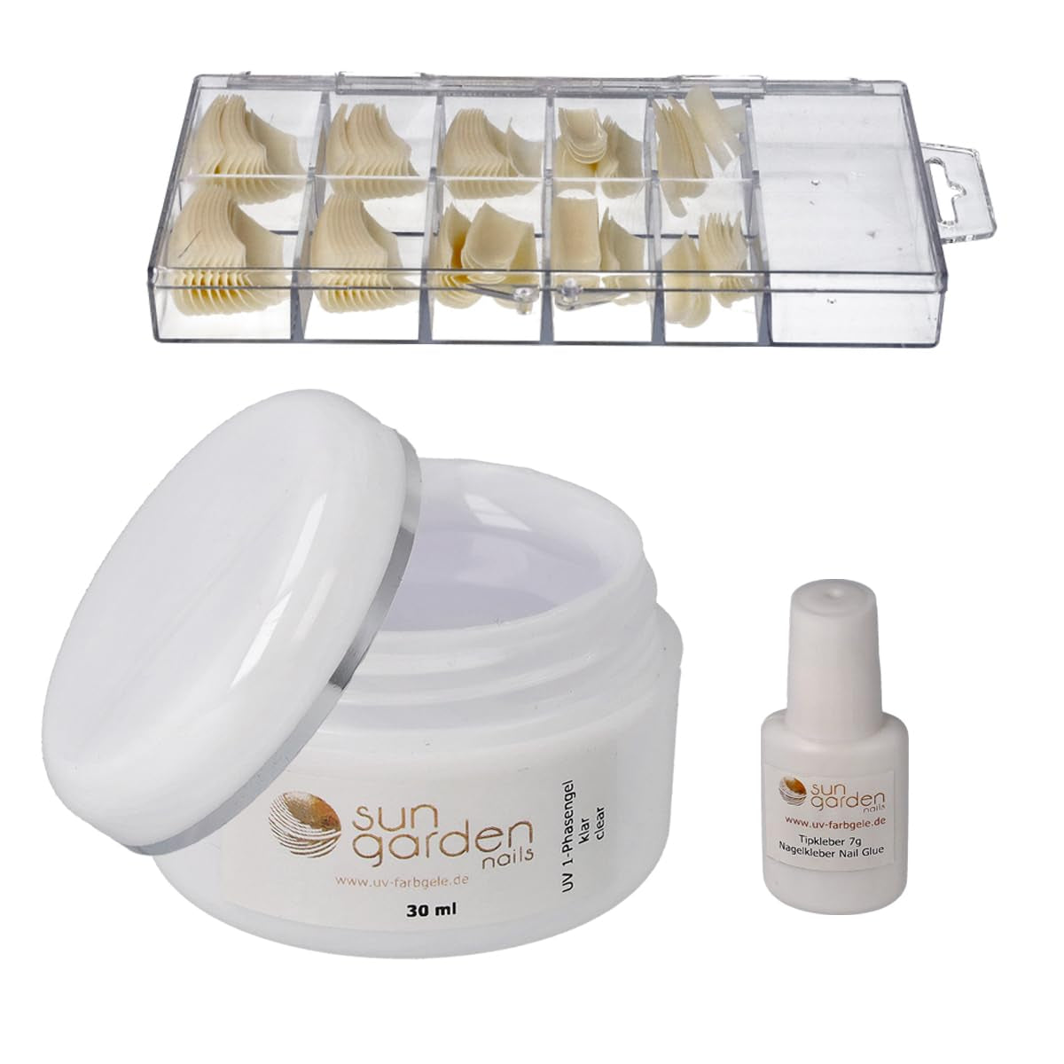 Sun Garden Nails monofasische transparante gel 30ml + doos met 100 tips + lijm voor tips 7ml