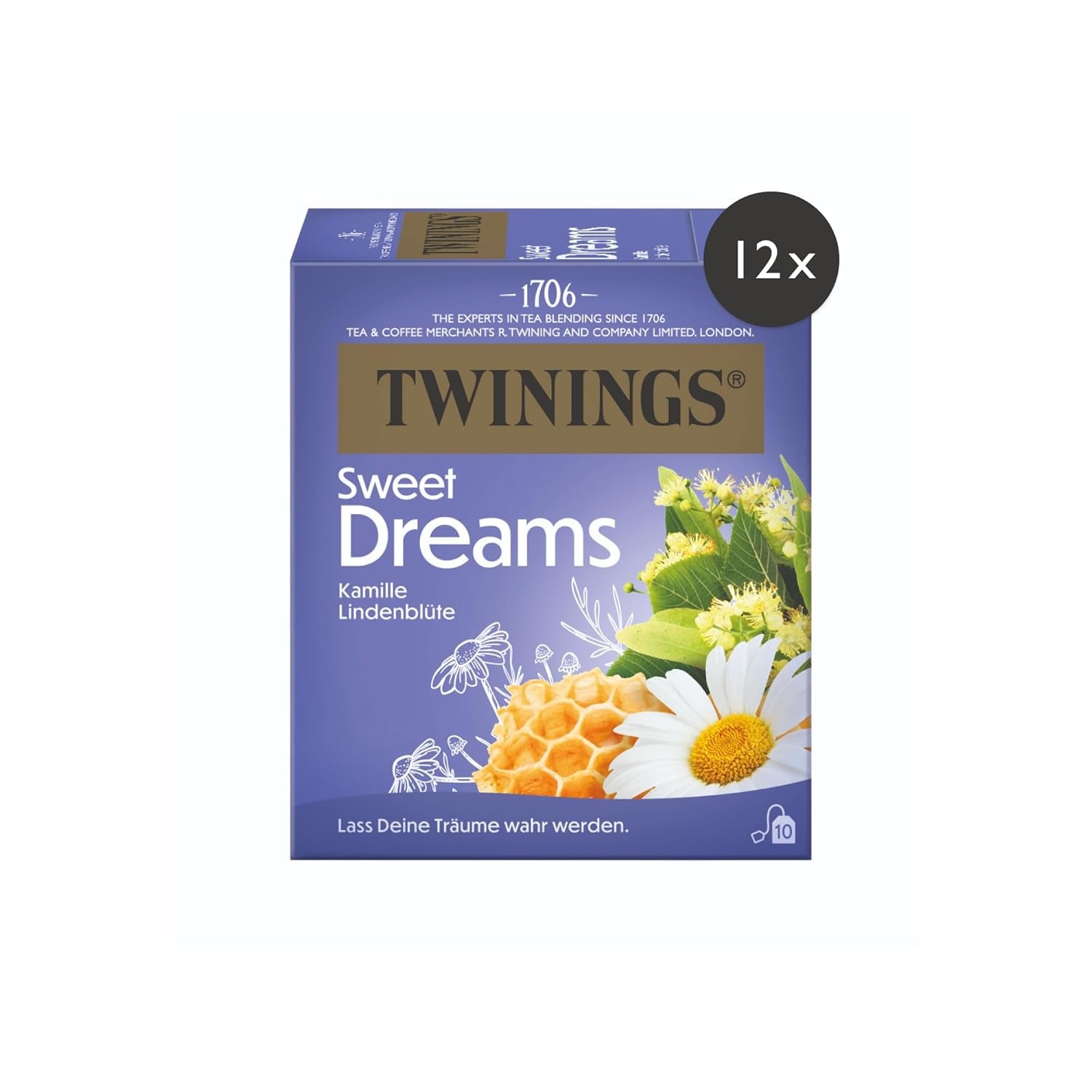 Twinings SWEET DREAMS Kamillethee met honing, sinaasappel en limoenbloesem - Zoete mix van kruidenthee voor natuurlijke slaapverbetering, 12-pack (elk 10 theezakjes)