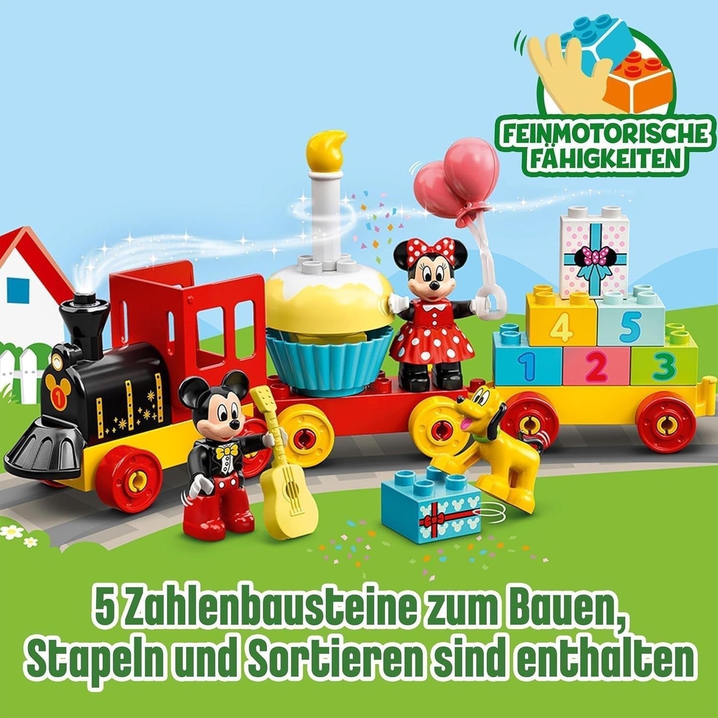 LEGO 10941 DUPLO Disney Mickey en Minnie verjaardagstrein, speelgoedtrein met taart en ballonnen, cadeau voor kinderen vanaf 2 jaar Bouwsets Besuche den LEGO-Store