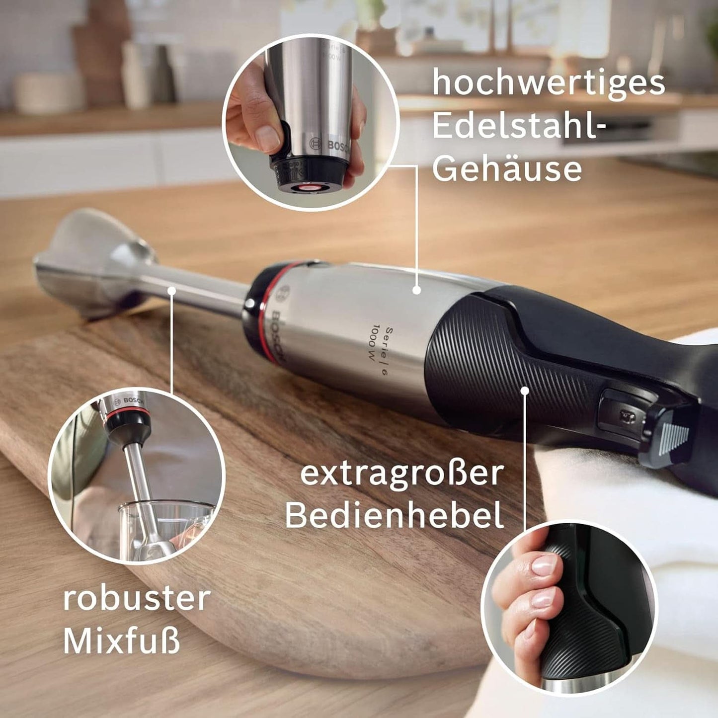 Bosch Stabmixer Ergomaster Serie 6 MSM6M673, 10 Jahre Motorgarantie, Edelstahl-Klingen, Verschleißfreie Keramik-Kupplung, Luftkühlung, Zerkleinerer, Kartoffelstampfer, Schneebesen, 1000 W Keuken Naty Shop