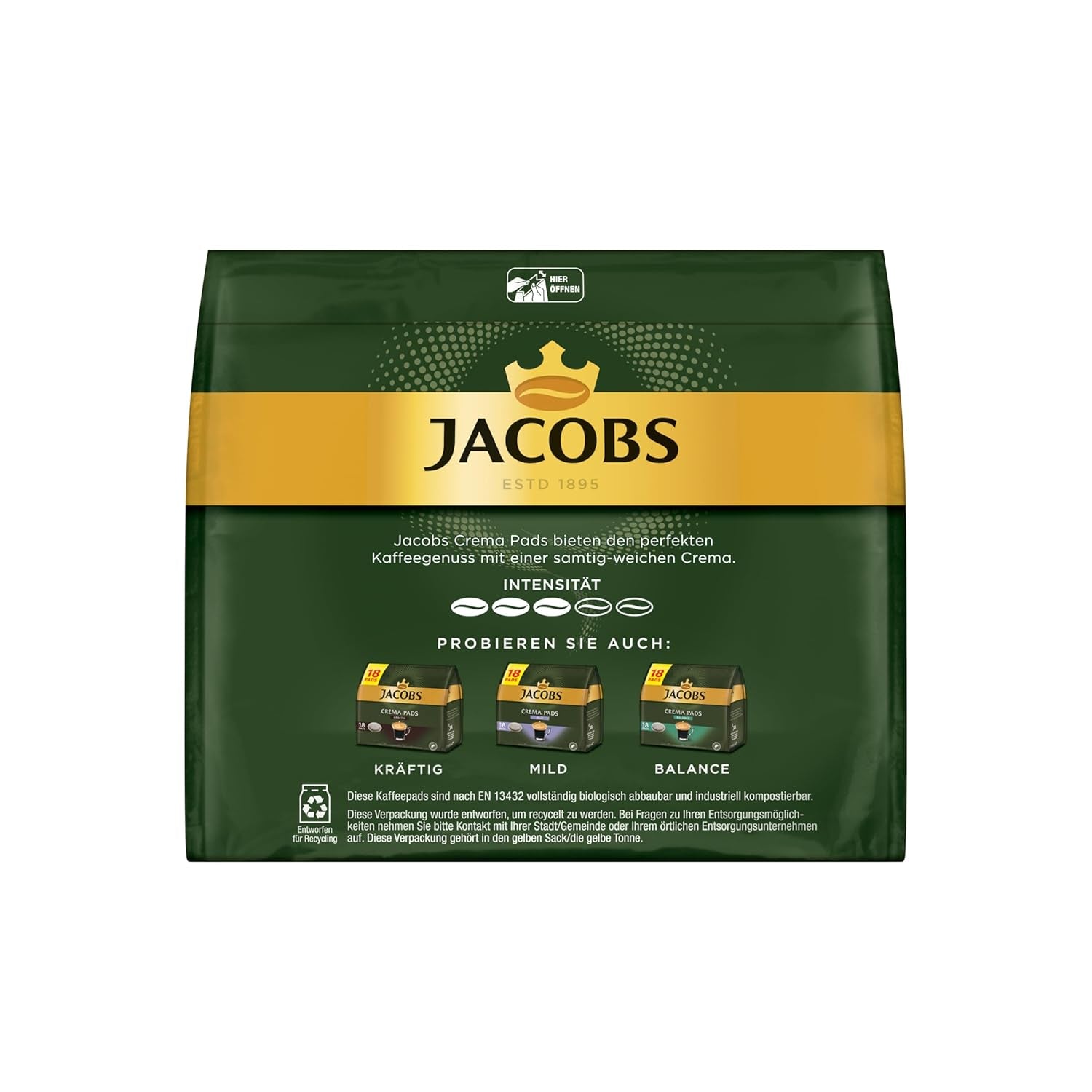 Jacobs Pads Crème, Senseo-compatibele Pads, 5 x 18 Getränke, 90 Kaffeepads