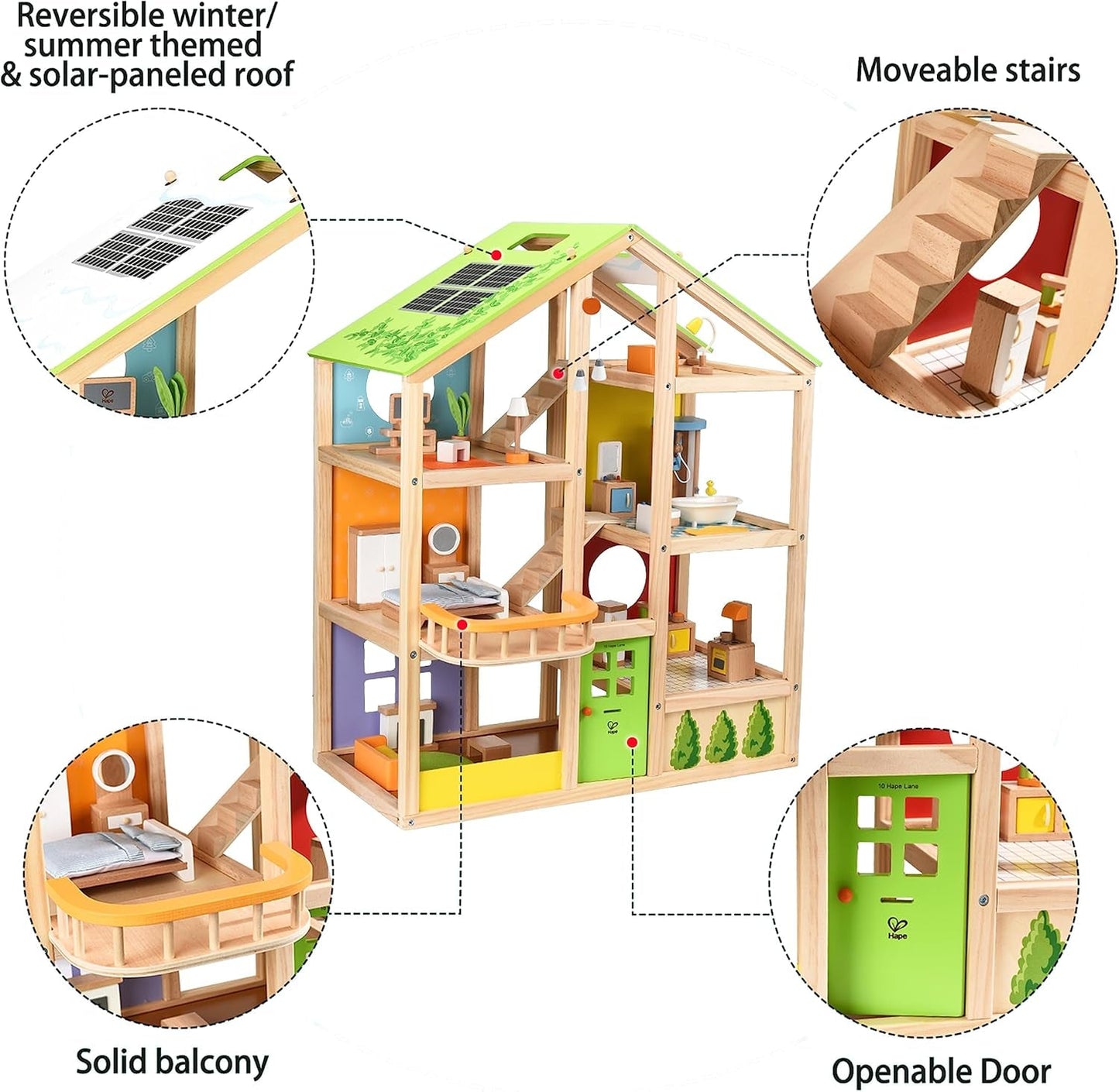 Hape Four Seasons Dollhouse - bekroond houten poppenhuis van drie verdiepingen met meubels, accessoires, schuiftrap en omkeerbaar dak voor alle seizoenen, voor kinderen vanaf 3 jaar